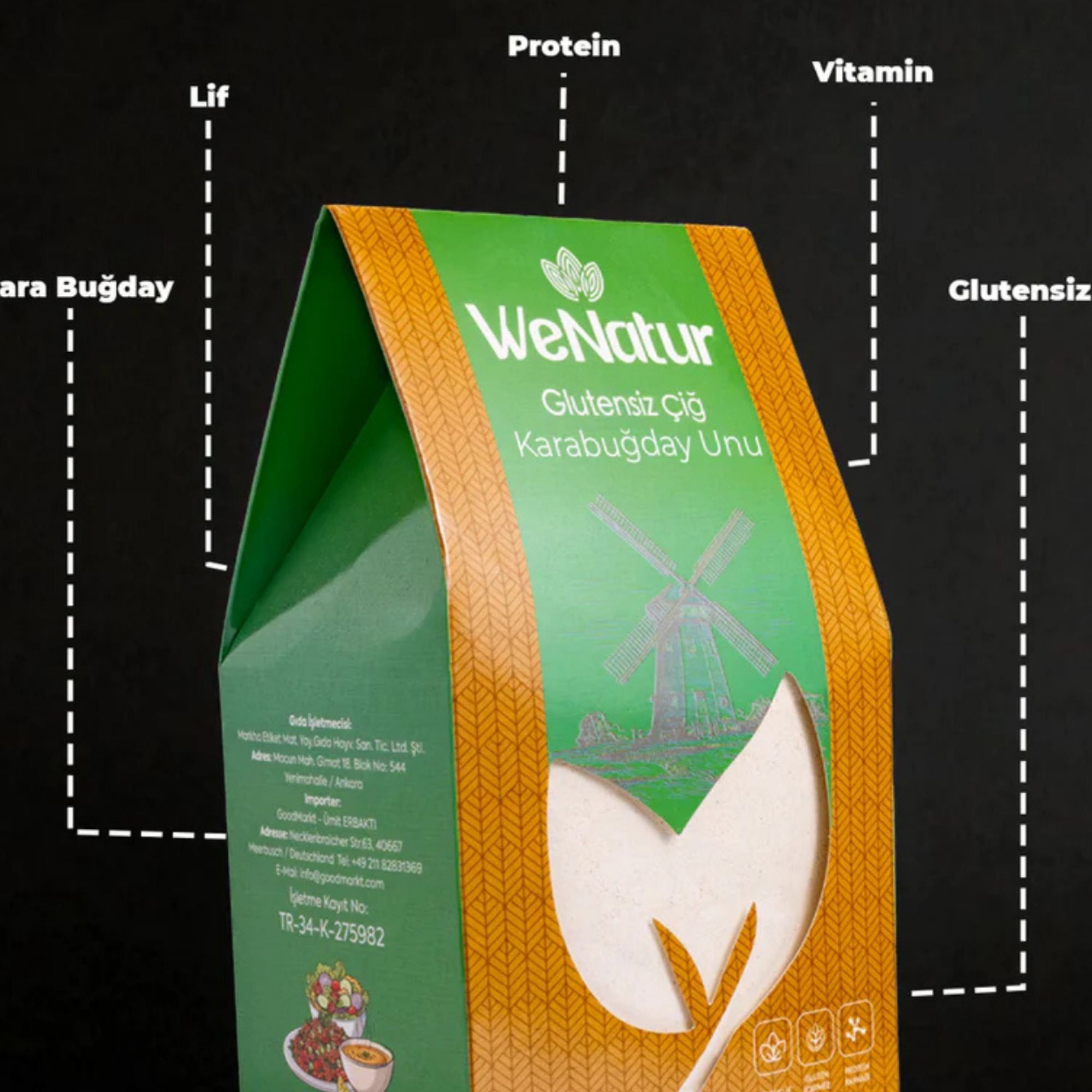 Packung WeNatur Buchweizenmehl mit Hervorhebungen von Nährwertangaben.