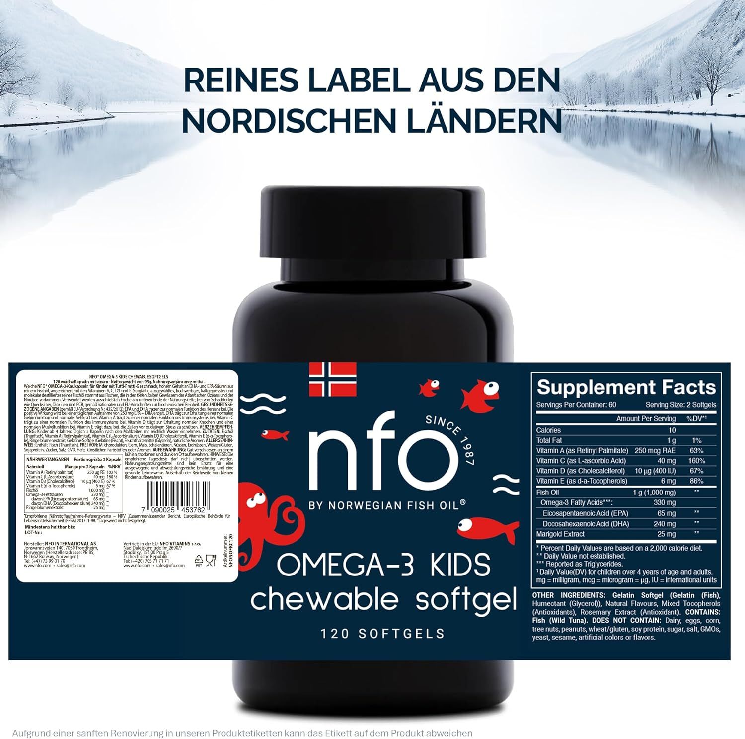 Flasche mit blauem Etikett. Aufschrift: Omega-3 Kids, 120 Softgels. Text: Nährwertangaben, Inhaltsstoffe.
