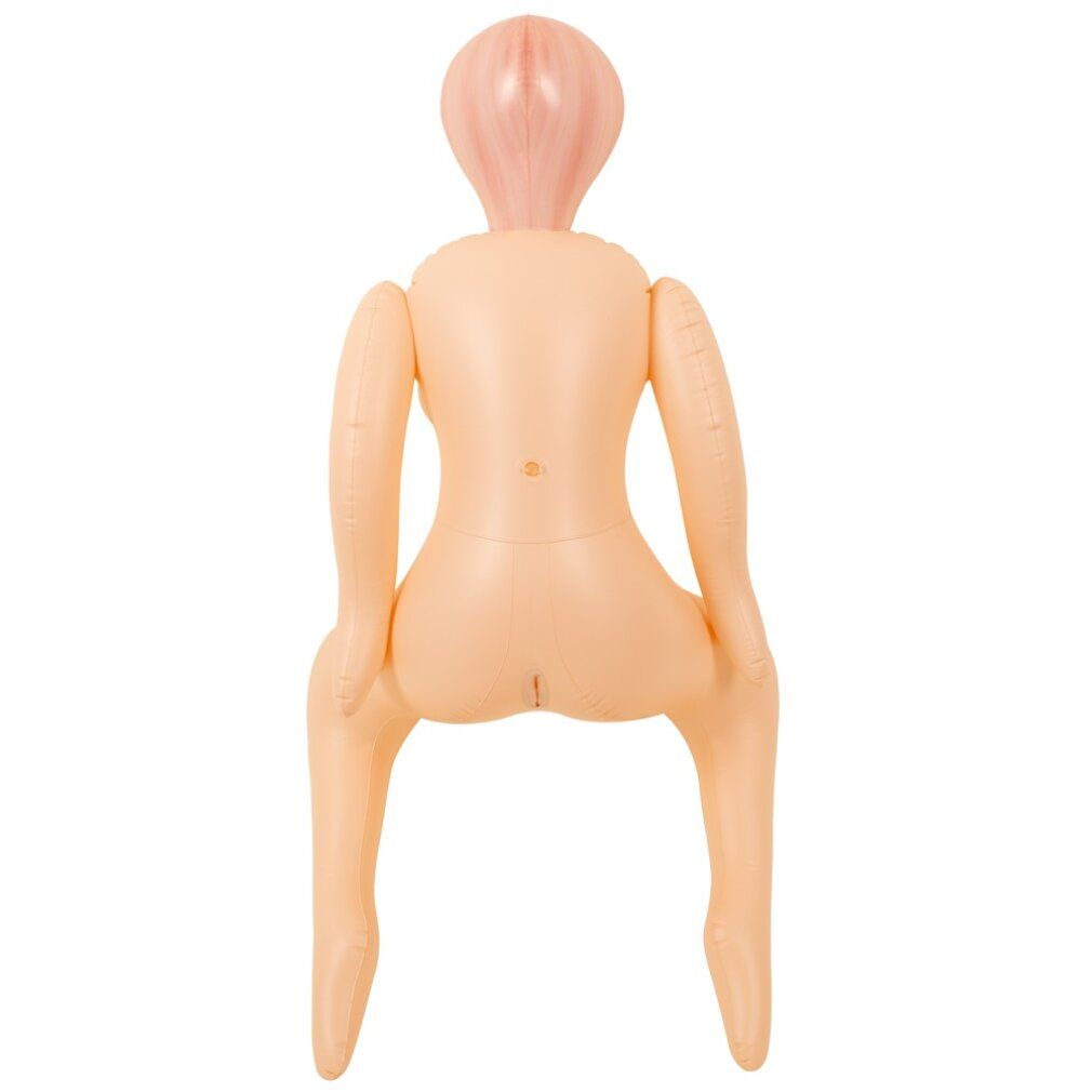 Aufblasbare Puppe, Ansicht von hinten. Hautfarbenes Material, rosafarbenes Haar. Arme und Beine angewinkelt.