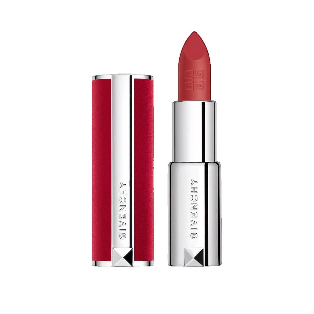 Roter Lippenstift, geöffnet. Silberne Hülse, roter Samt. Marke: Givenchy.