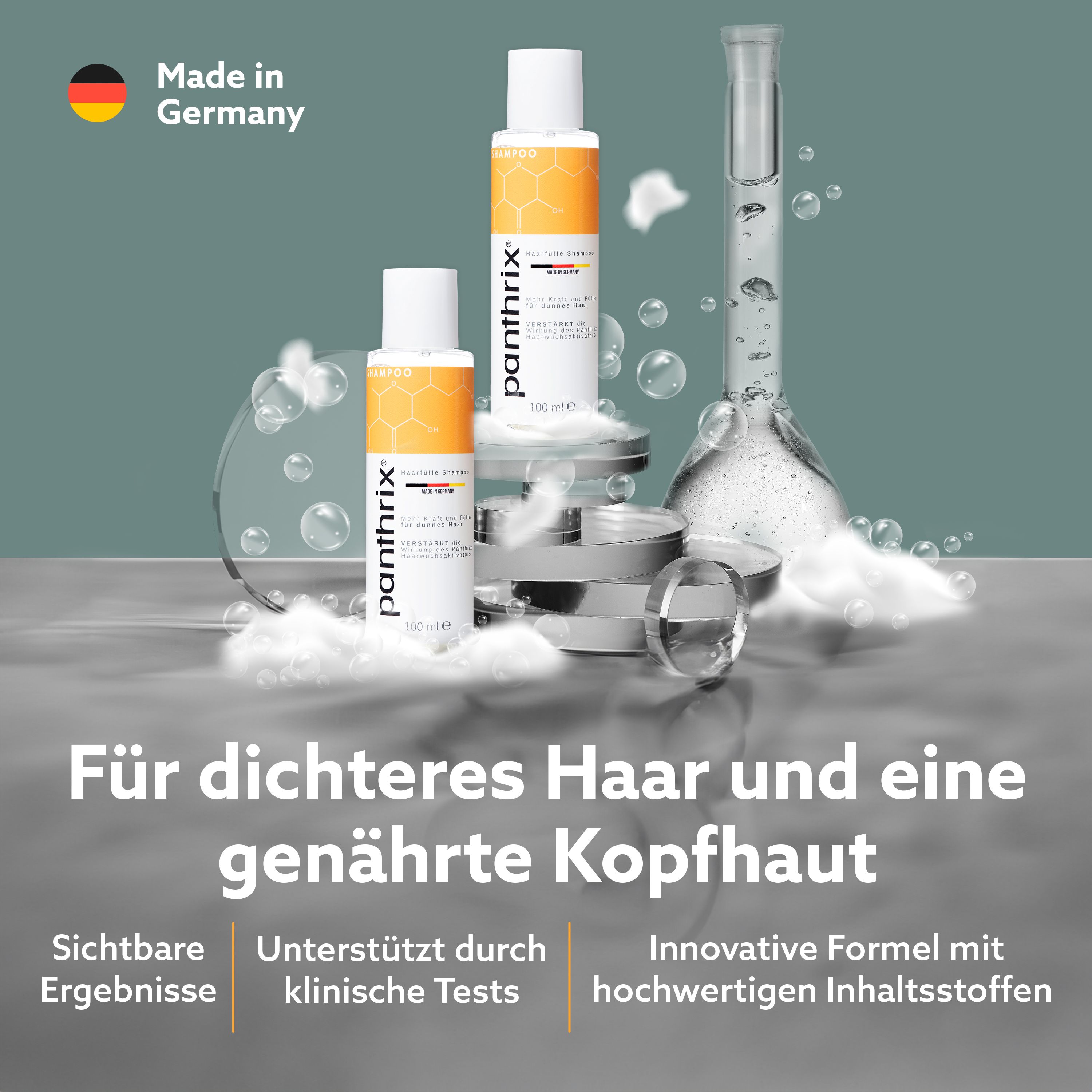 Zwei Shampoo-Flaschen und Laborutensilien. Text: Für dichteres Haar und eine genährte Kopfhaut.
