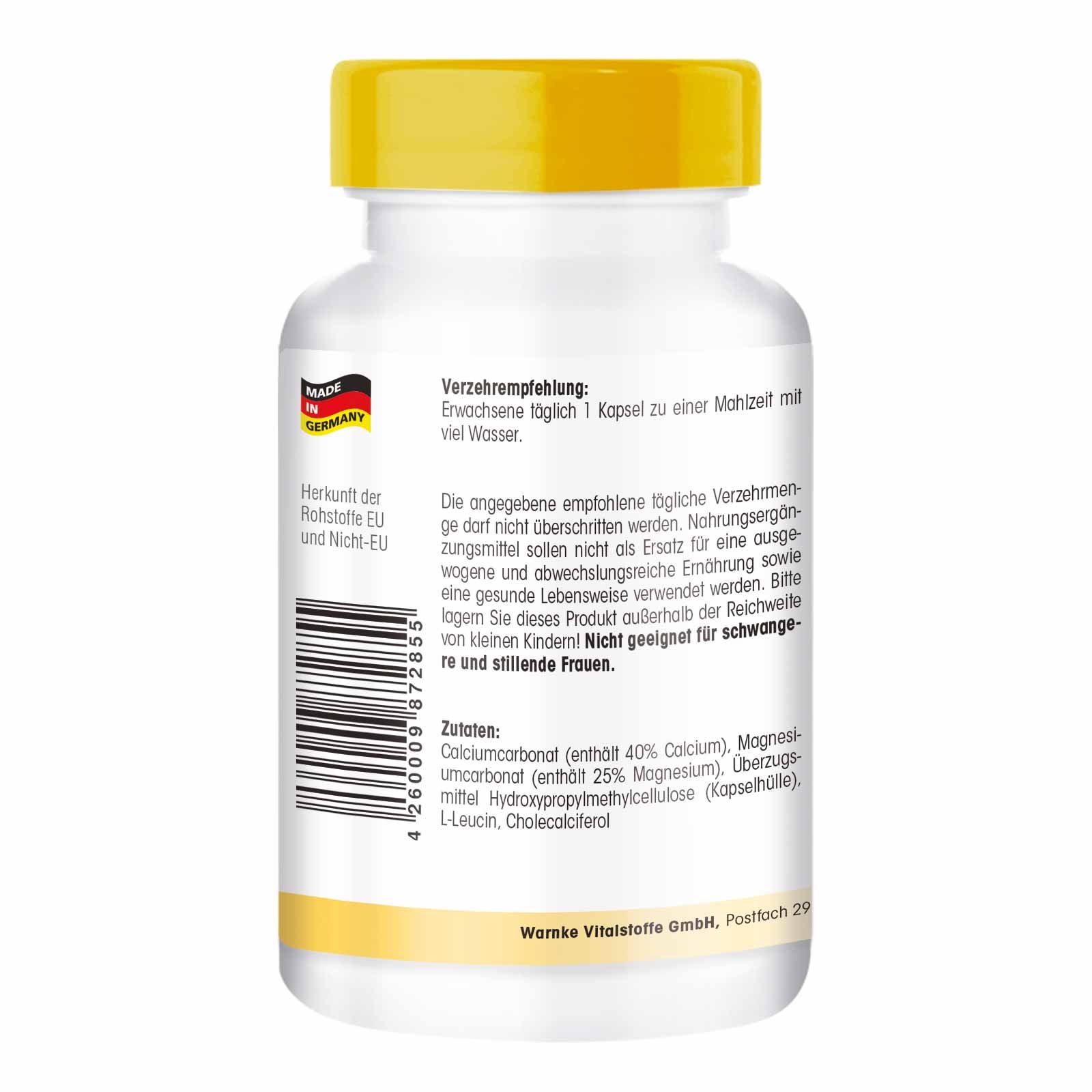 Rückseite der weißen Flasche mit gelbem Deckel. Text: Verzehrempfehlung, Zutaten, Warnke Vitalstoffe GmbH. Made in Germany.