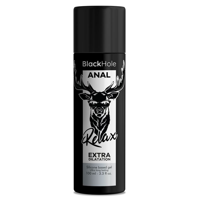 Schwarze Flasche. Aufschrift: Black Hole ANAL Relax EXTRA DILATATION. 100 ml.