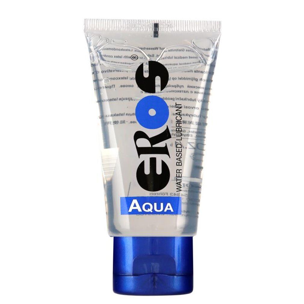 EROS Aqua Gleitmittel in transparenter Tube mit blauem Verschluss.