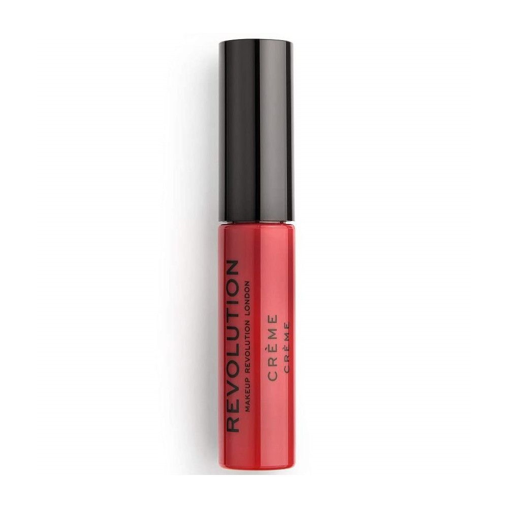 Roter Creme-Lippenstift in einer Flasche mit geschlossenem Deckel. Aufschrift: REVOLUTION, CRÈME.