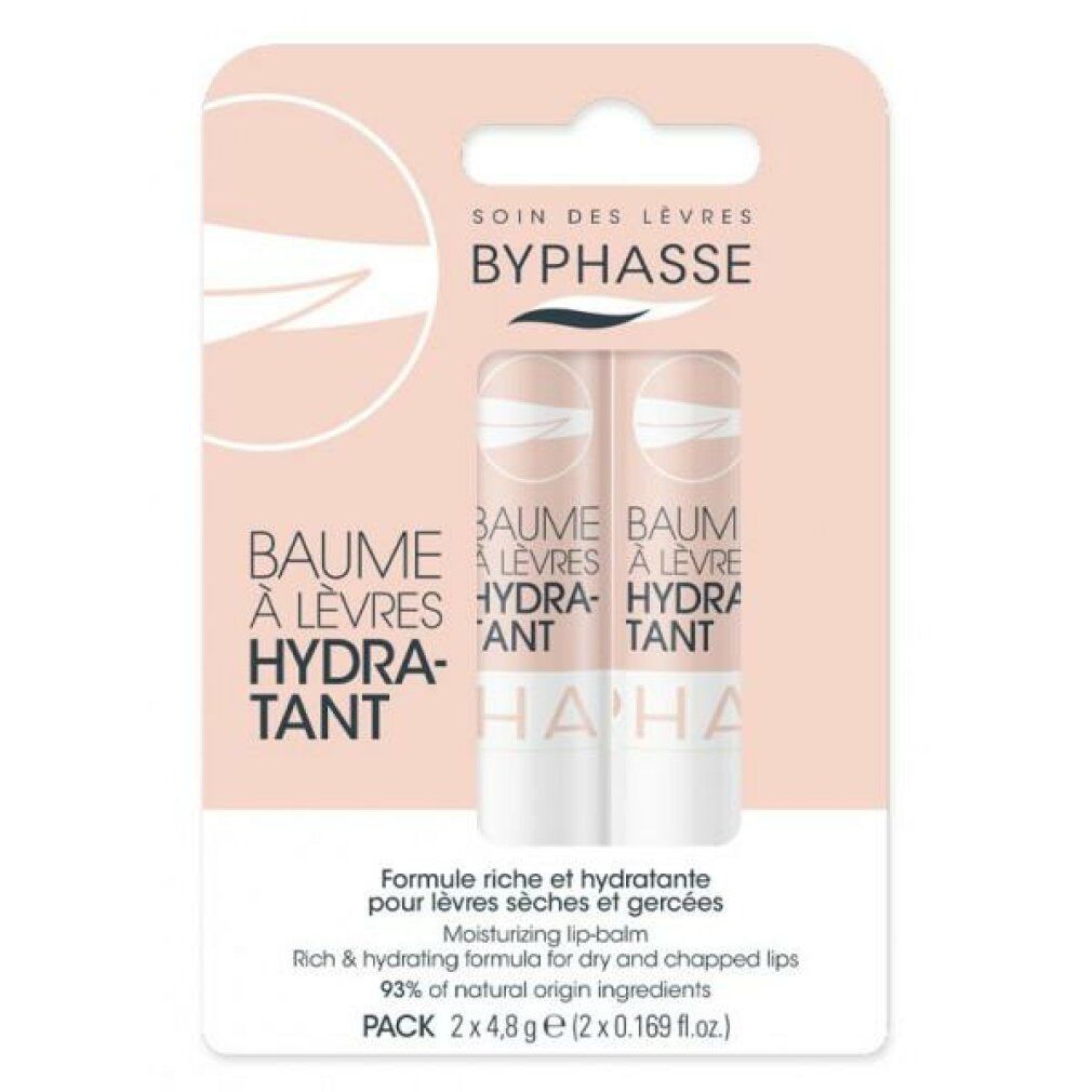 Zwei Lippenbalsam-Stifte in Blisterverpackung. Aufdruck: BYPHASSE, BAUME À LÈVRES HYDRATANT. Formel für trockene Lippen. 93% natürliche Inhaltsstoffe.