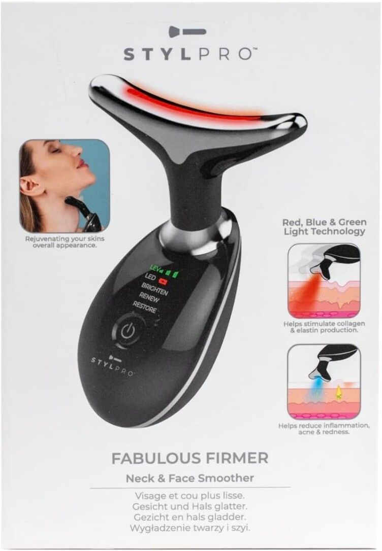 Verpackung mit STYLPRO-Gerät. Schwarzes Gerät mit silberfarbenem Kopf. Text: Fabulous Firmer. Red, Blue & Green Light Technology.