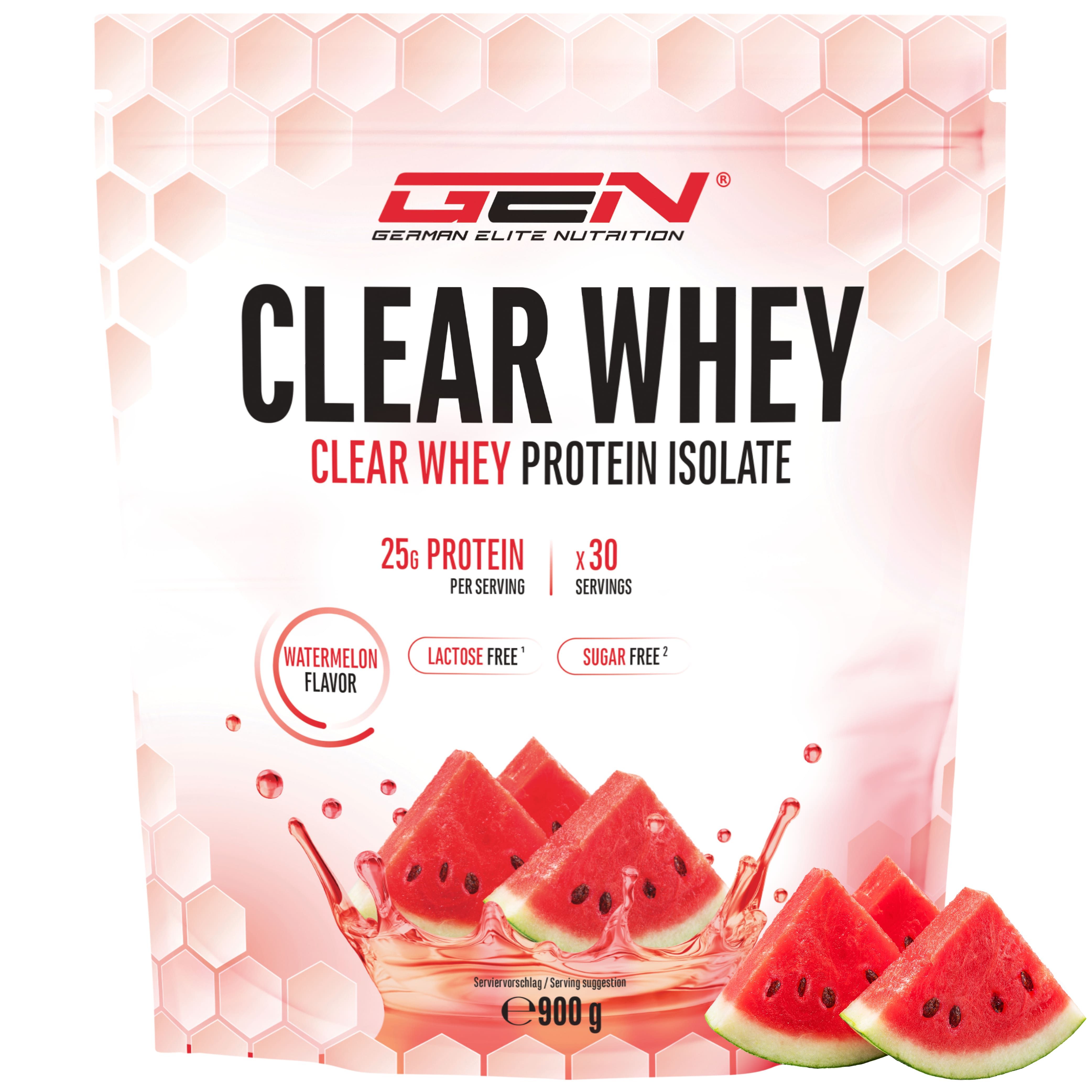 Beutel mit GEN Clear Whey Protein Isolat. Wassermelonen-Geschmack. 25g Protein pro Portion, 30 Portionen. 900g.