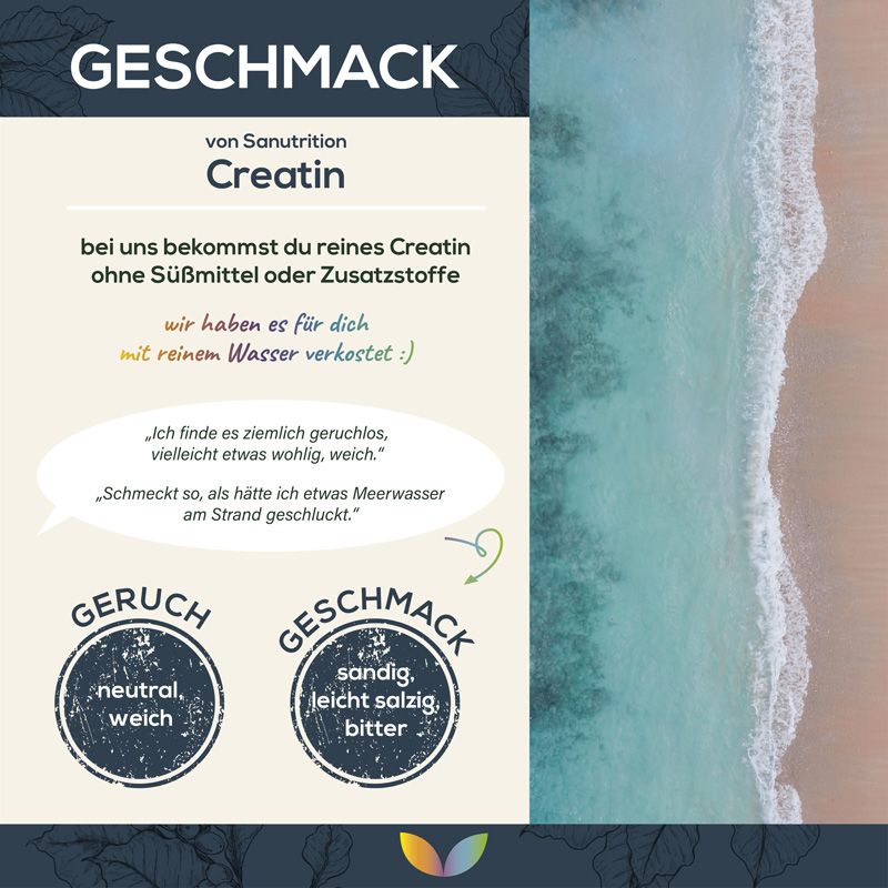 Text mit Geschmacksbeschreibung von Creatin. Zitate: geruchlos, wohlig, schmeckt nach Meerwasser. Symbole: neutral, weich, sandig, leicht salzig, bitter.