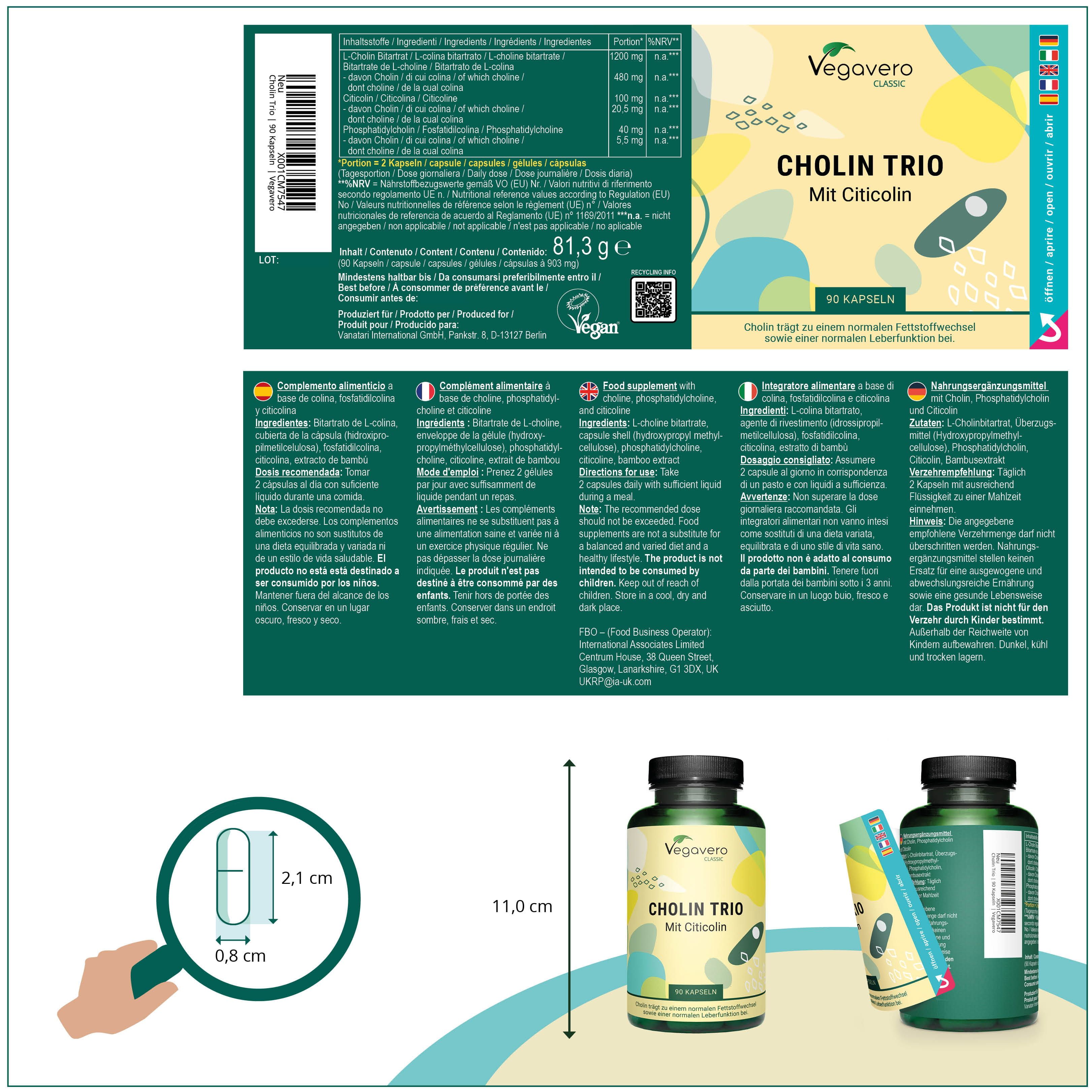 Produktverpackung mit Flasche und Kapsel. Aufschrift: Vegavaro, Cholin Trio. Etikett mit Inhaltsstoffen und Nährwerten.