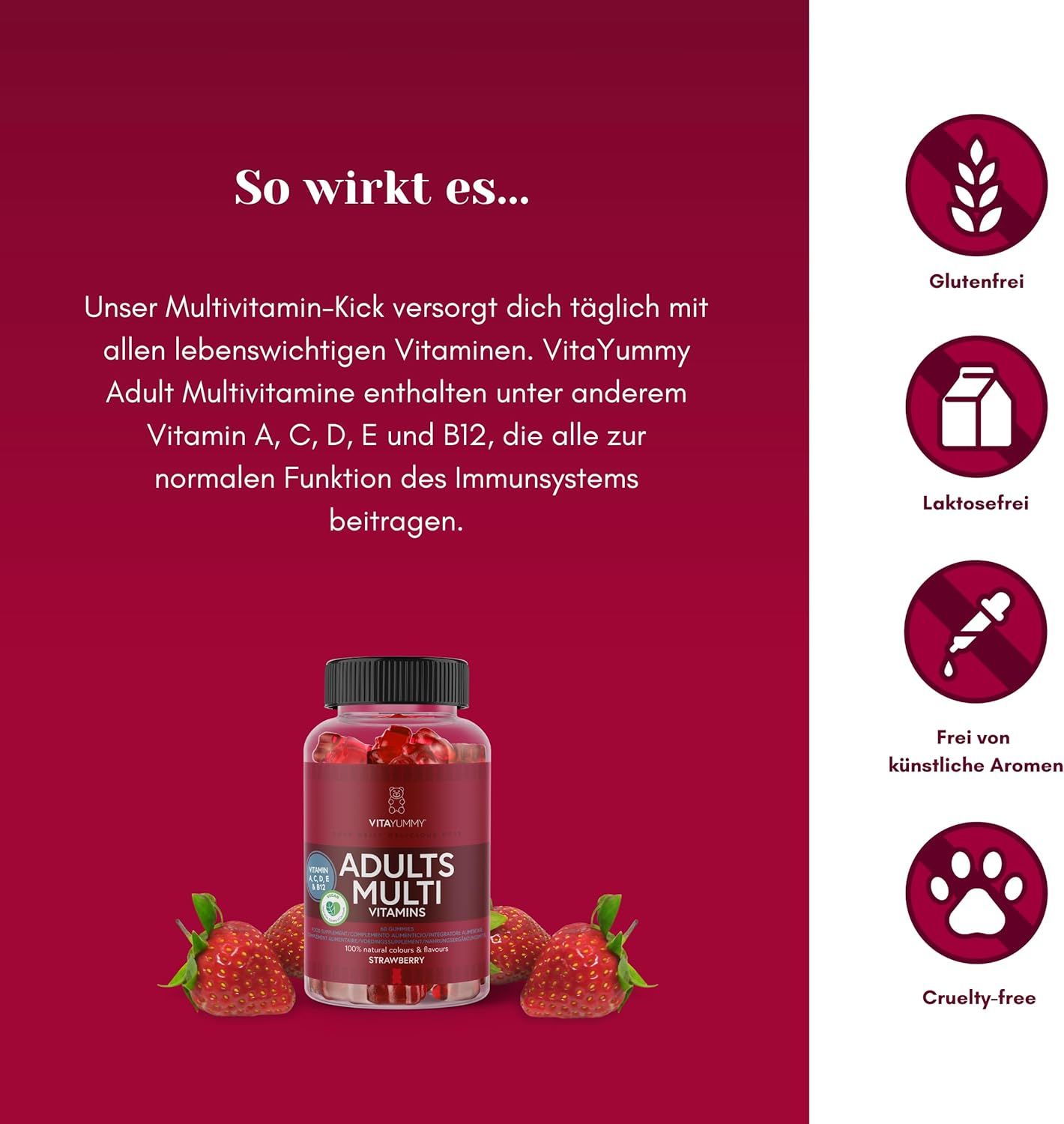 VitaYummy Multivitamin Gummibärchen Flasche neben Erdbeeren. Text: Unser Multivitamin-Kick versorgt dich täglich mit allen Vitaminen.