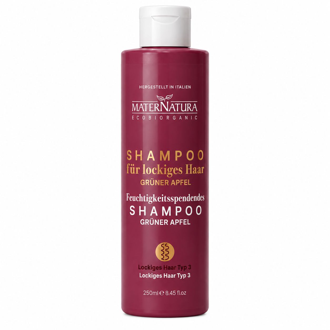 MATERNATURA ECOBIORGANIC Shampoo für lockiges Haar, 250ml, in bordeauxroter Flasche.