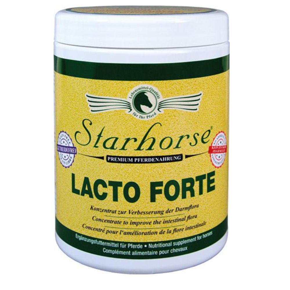 Weißer Behälter mit gelbem Etikett. Aufschrift: Starhorse Lacto Forte. Text in mehreren Sprachen.