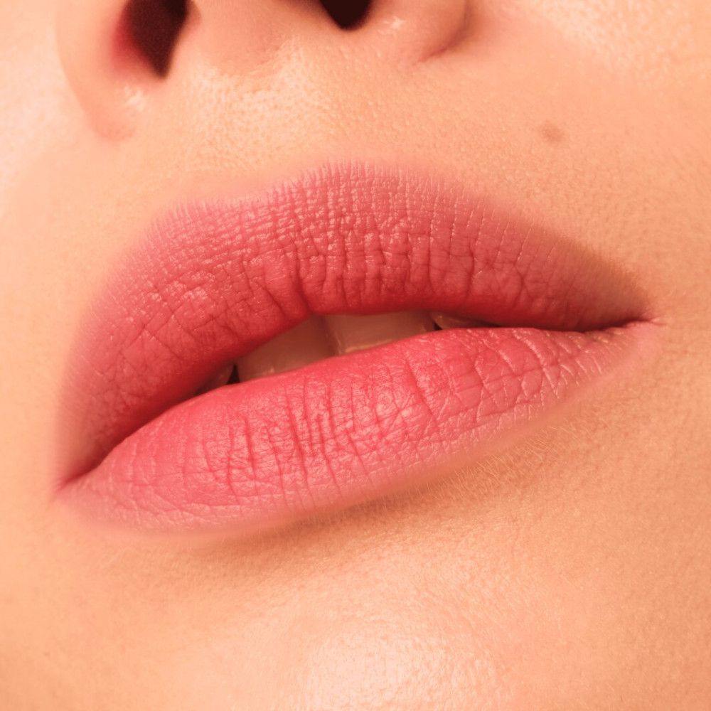Nahaufnahme von Lippen, die mit einem matten Lippenstift bemalt sind. Die Lippen sind rosafarben und leicht geöffnet.
