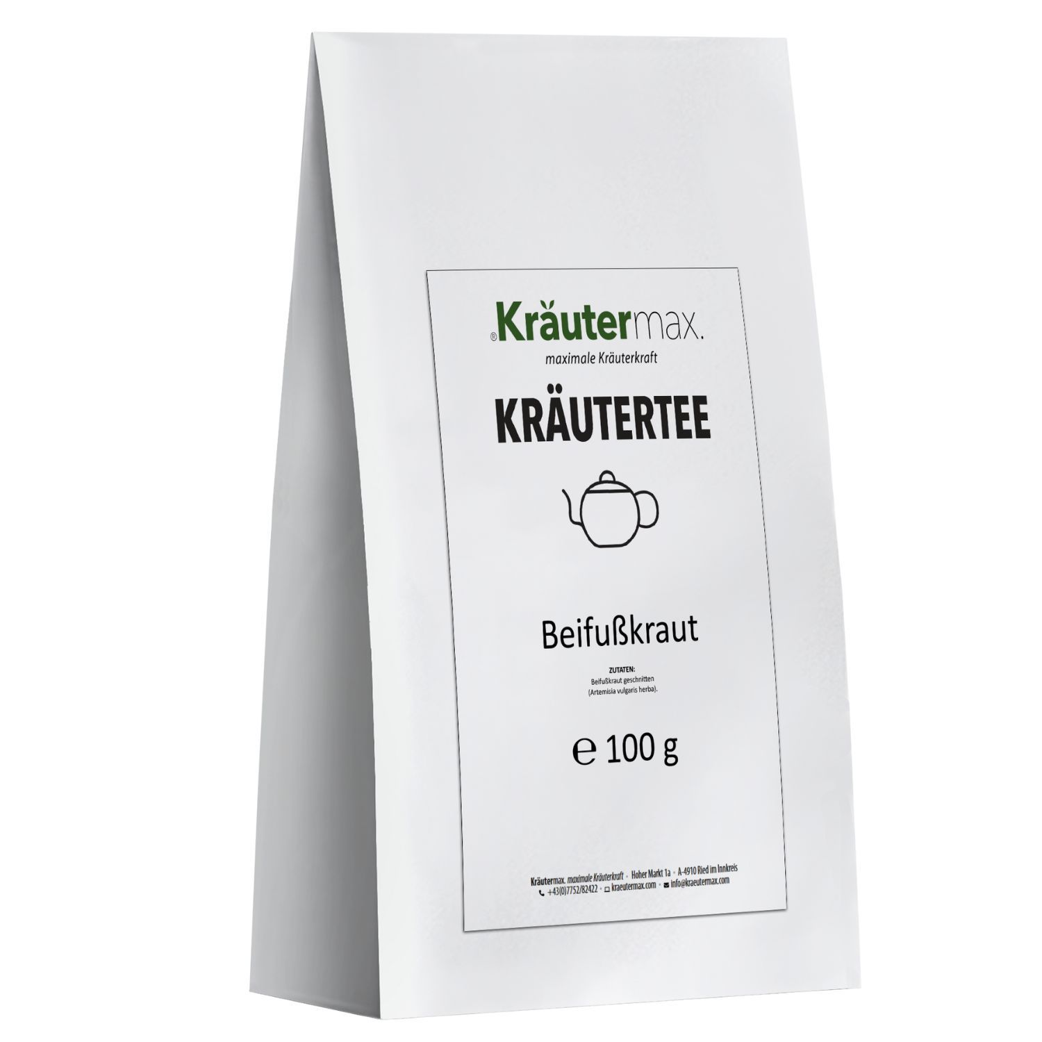 Weißer Beutel Kräutertee mit Logo und Produktbezeichnung. Produktbezeichnung: Beifußkraut. Gewicht: e 100 g.