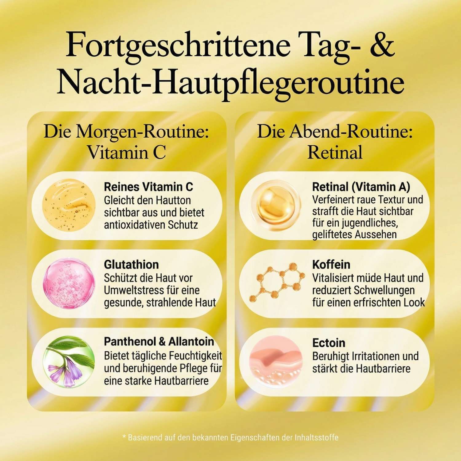 Infografik. Morgen- und Abendroutine. Vitamin C, Retinal, Glutathion, Koffein, Panthenol & Allantoin, Ectoin. Text. Gelber Hintergrund.
