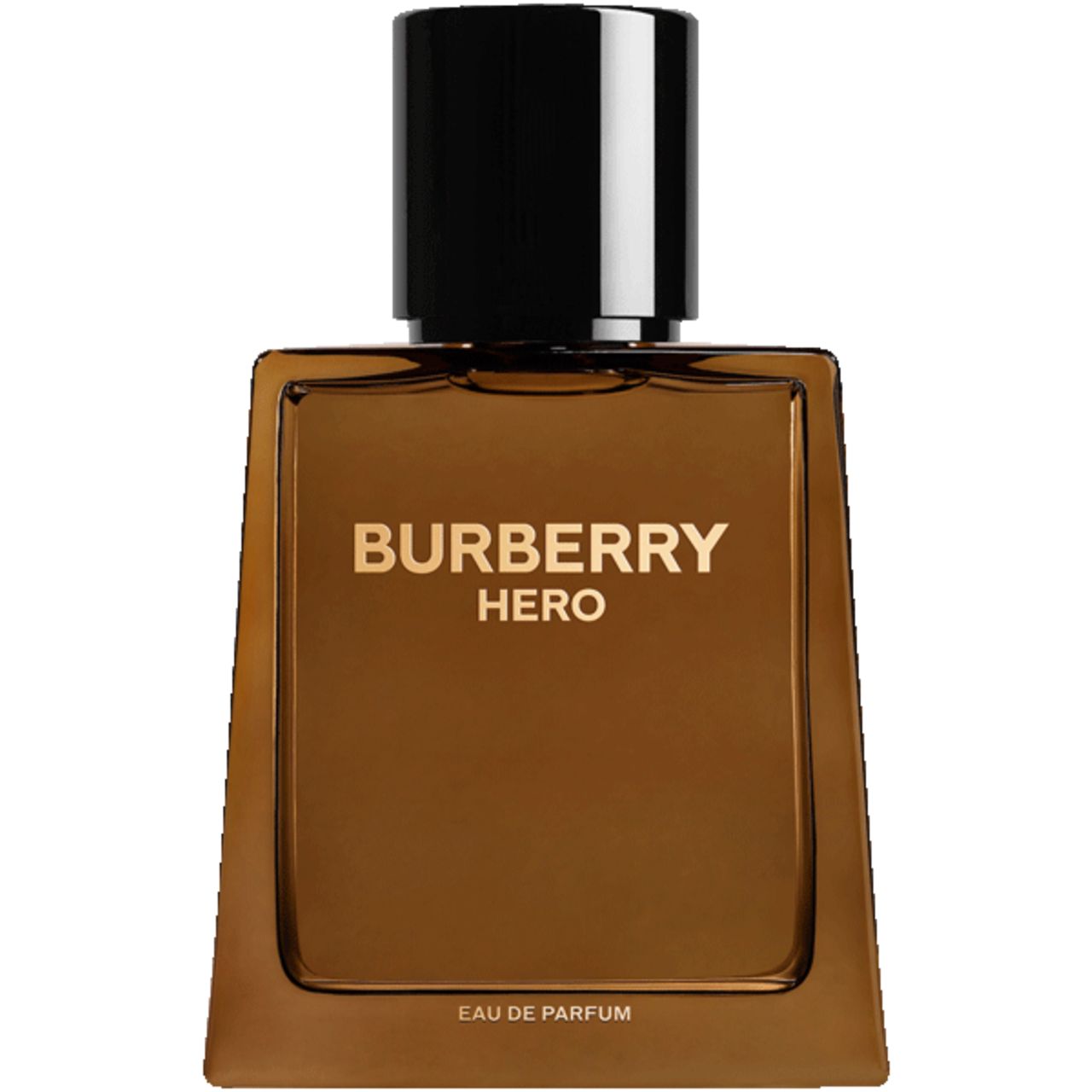 Burberry Hero E.d.P. Nat. Spray. Braune Glasflasche mit schwarzem Deckel. Goldener Schriftzug. Eckige Form.