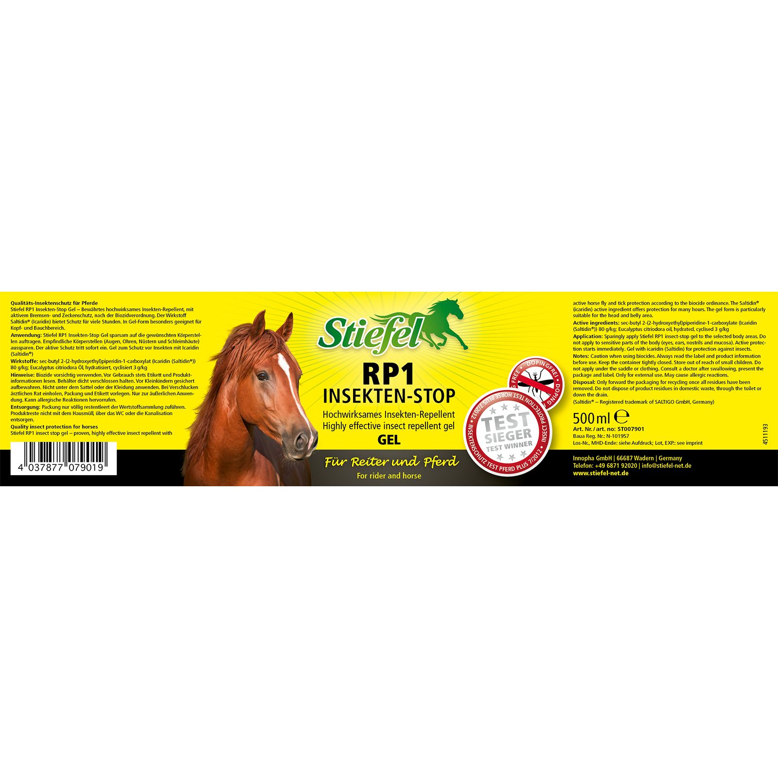 Gelbes Etikett mit Produktinformationen. Aufschrift: Stiefel, RP1 Insekten-Stop, Gel. Abbildung eines Pferdekopfes und eines grünen Pferdes.