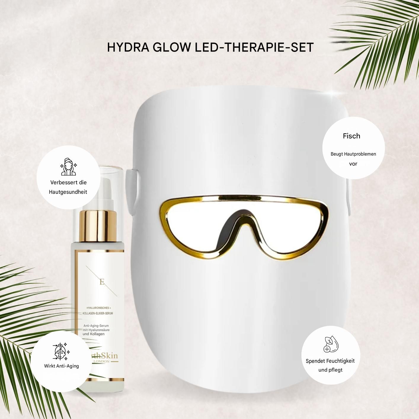 Erth Skin London Hydra Glow LED Therapy Set: weiße Maske mit goldenen Details, Serumflasche, Text-Overlays.