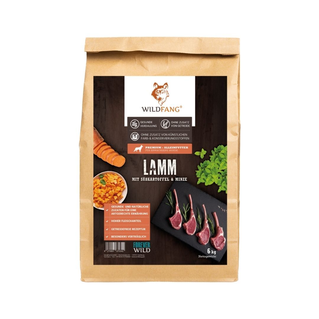 Wildfang-Hundefutter. Packung mit Lammfleisch, Süßkartoffeln und Minze. Ohne Getreide. 6 kg.