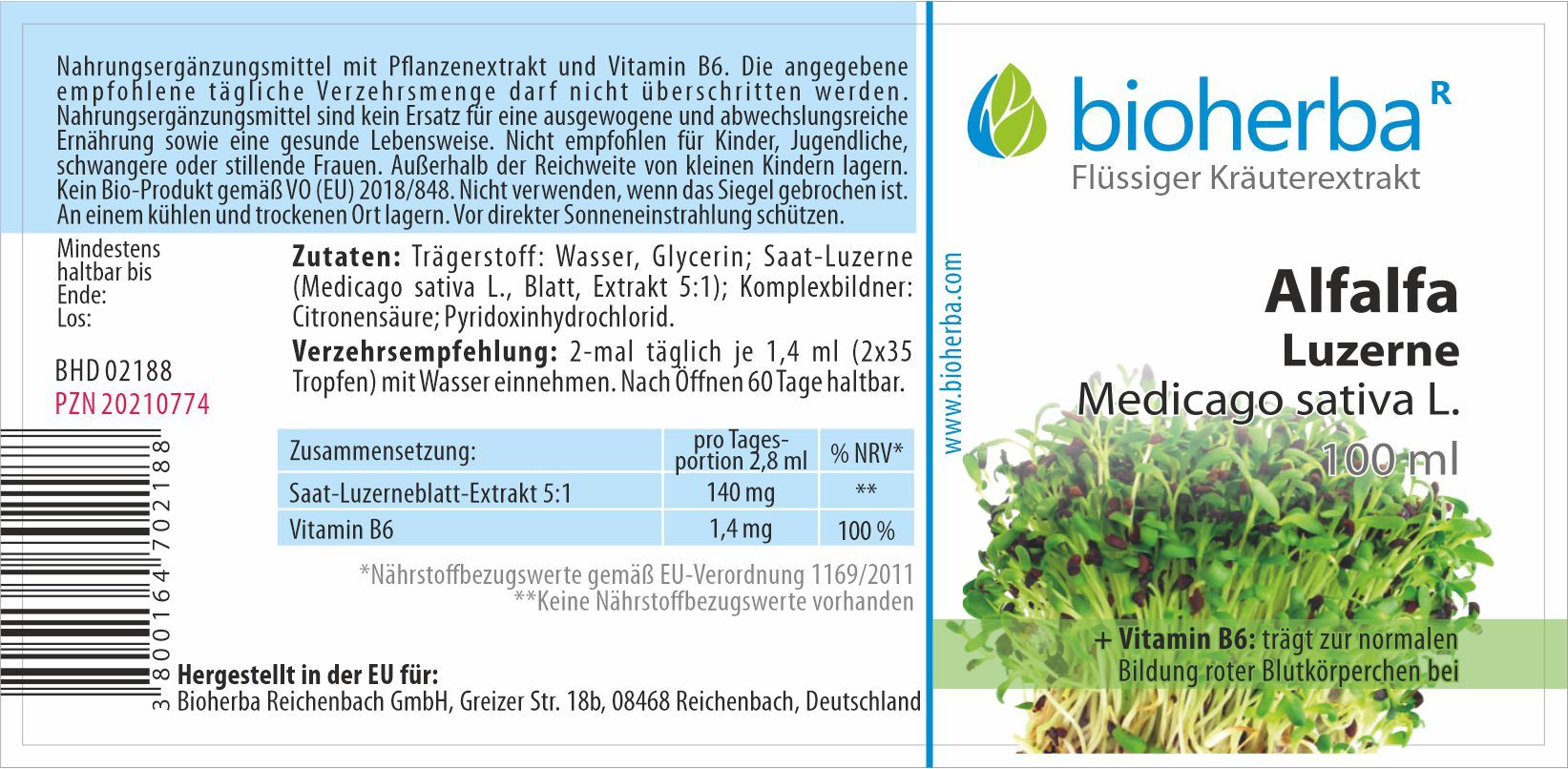 Braune Glasflasche mit schwarzem Deckel. Etikett mit Produktnamen, Logo und Text. Alfalfa Luzerne, Medicago sativa L. 100ml.