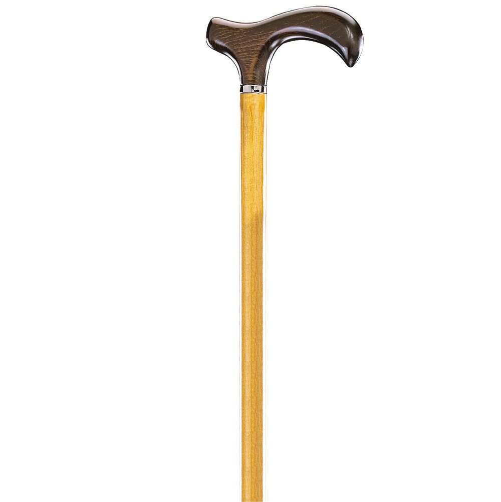 Gehstock mit gebogenem Griff und hellem Schaft. Der Griff ist braun, der Schaft hellbraun. Ein silberner Ring verbindet Griff und Schaft.