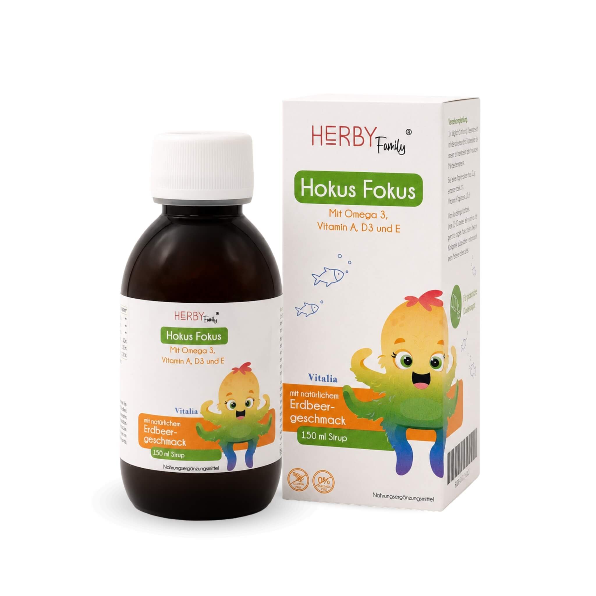 Flasche und Karton des Herby Family Hokus Fokus Saftes für Kinder mit Omega 3.