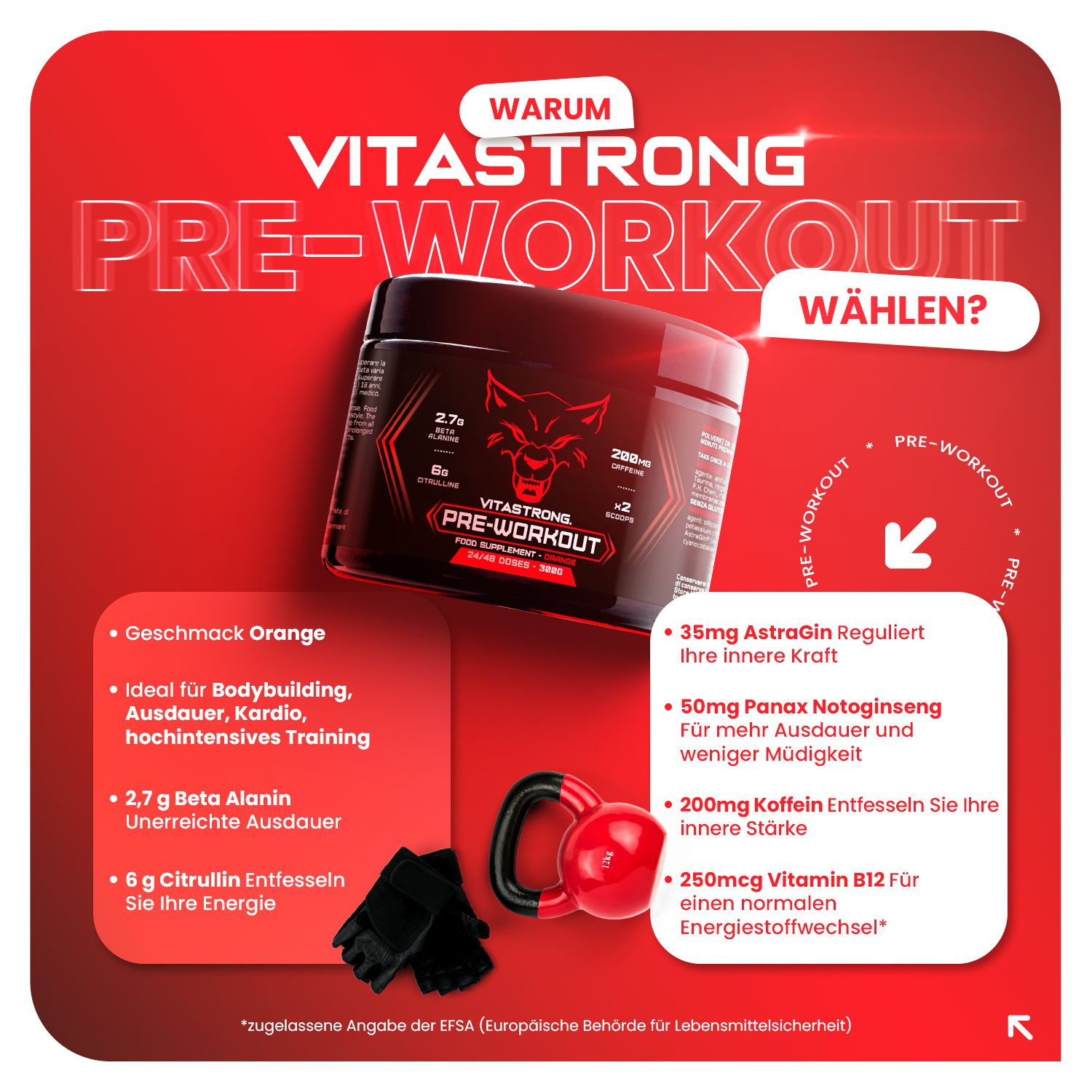Vitastrong Pre-Workout Dose. Roter Hintergrund. Text: Warum Vitastrong Pre-Workout wählen? Orange Geschmack.