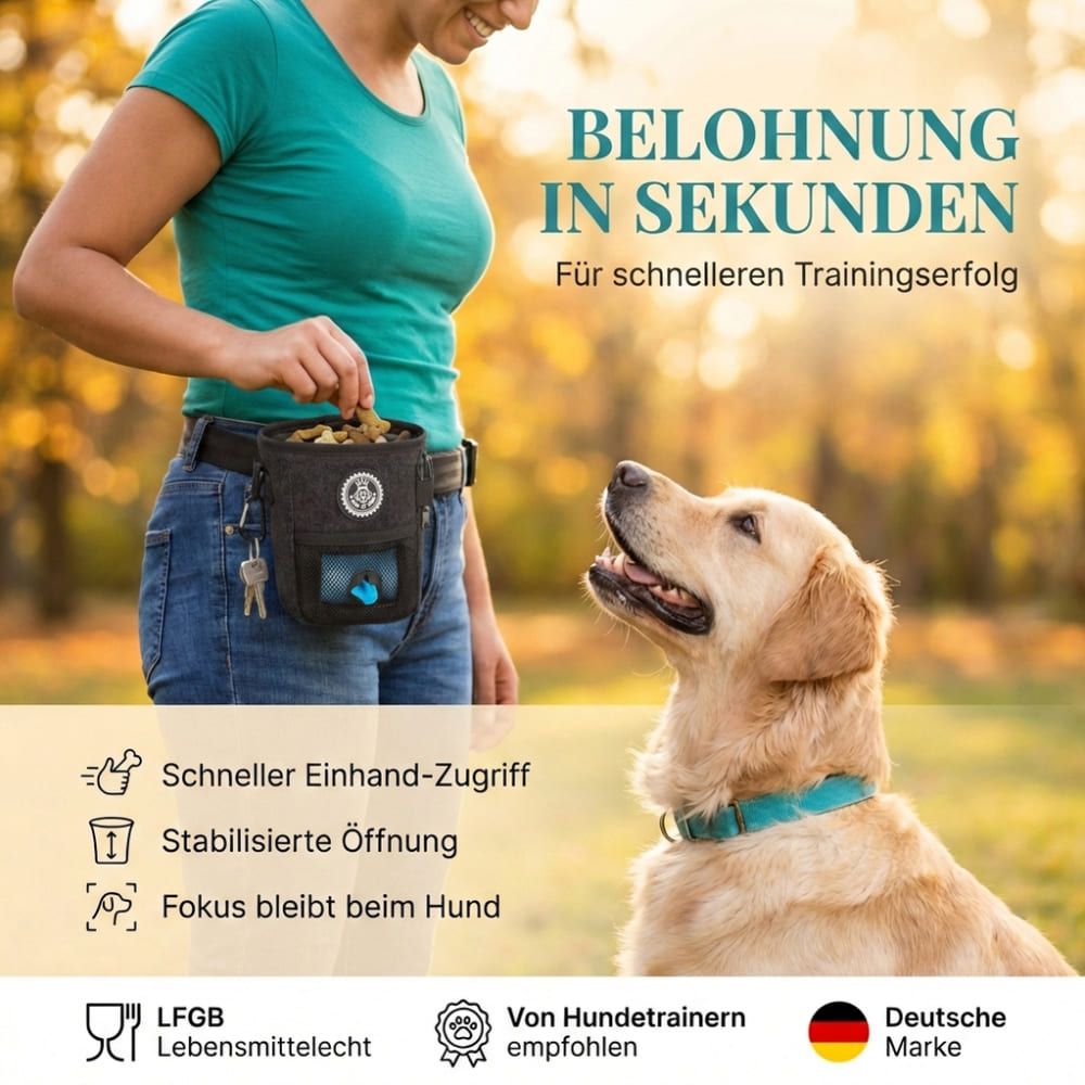 Person mit Futterbeutel am Gürtel, Hund schaut auf. Text: Belohnung in Sekunden. Von Hundetrainern empfohlen.