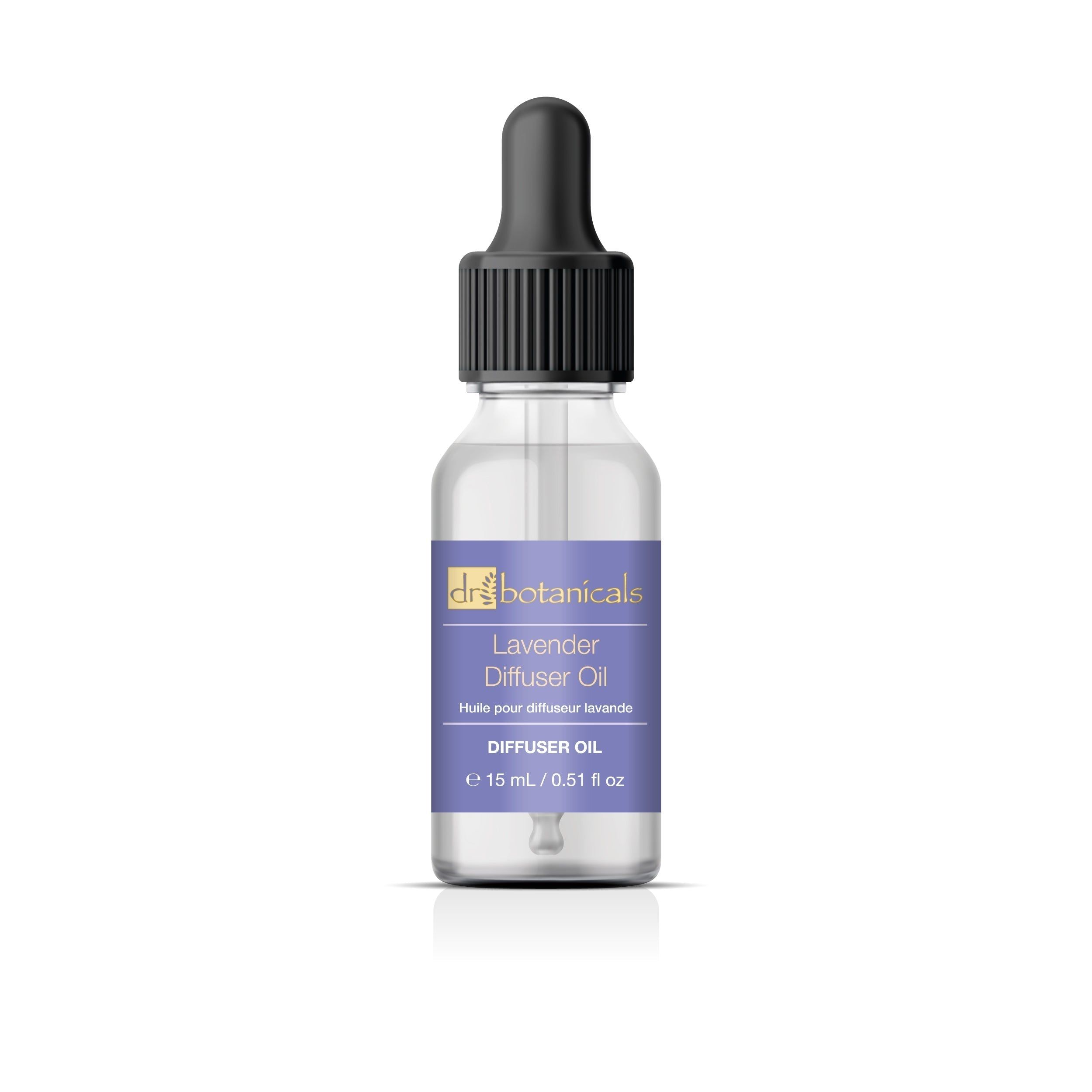 Lavendel Diffuser-Öl in einer Glasflasche mit Pipette. Etikett mit Produktnamen und Volumenangabe.