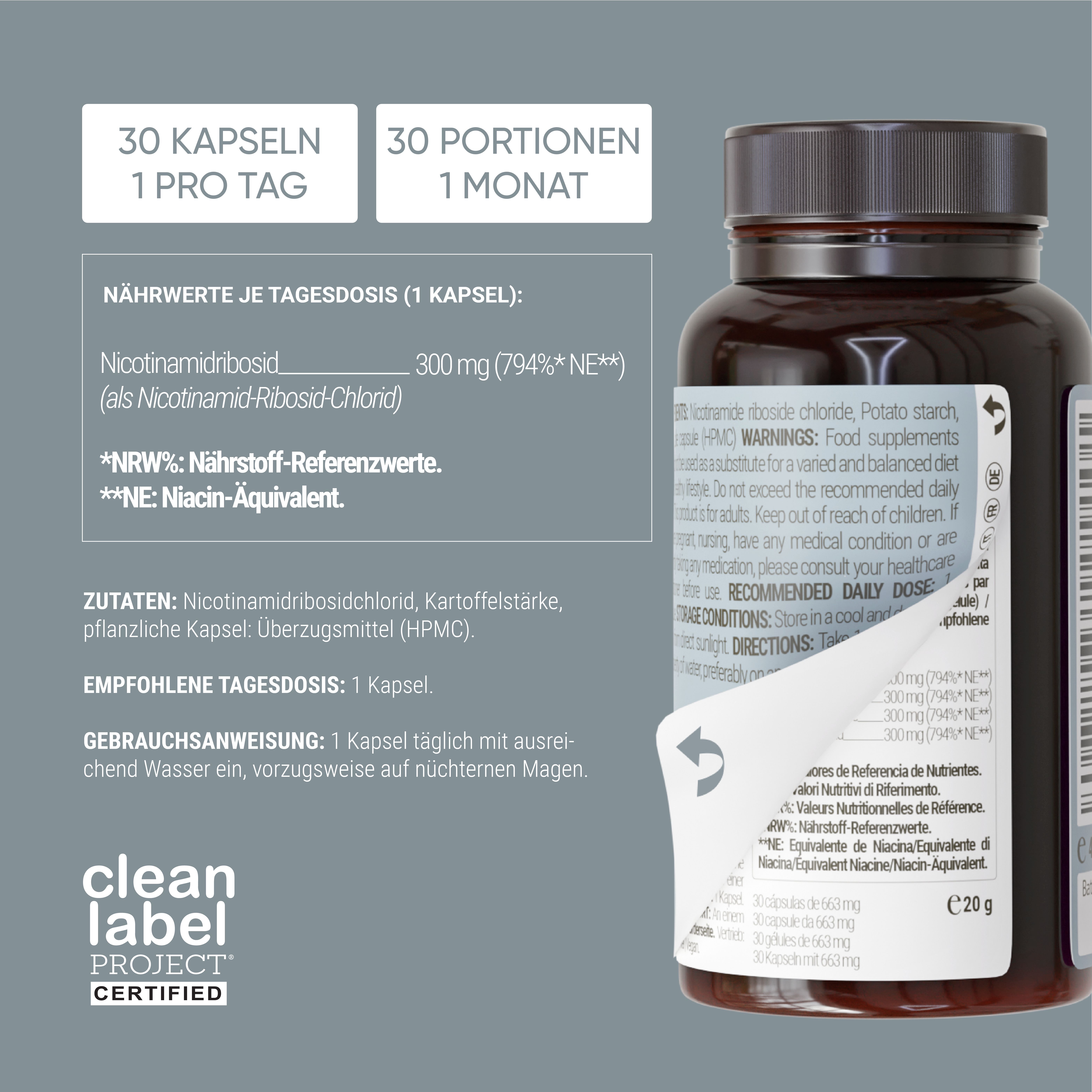 Braune Flasche mit Etikett. Text: 30 Kapseln, 1 pro Tag. Nährwertangaben. Gebrauchsanweisung. Clean Label Project.