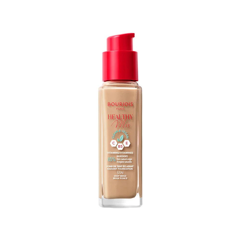 Bourjois Healthy Mix Foundation. Flasche mit rotem Pumpdeckel. Aufschrift: Healthy Mix, Vitamine C, E, B5. Farbton: 52N.