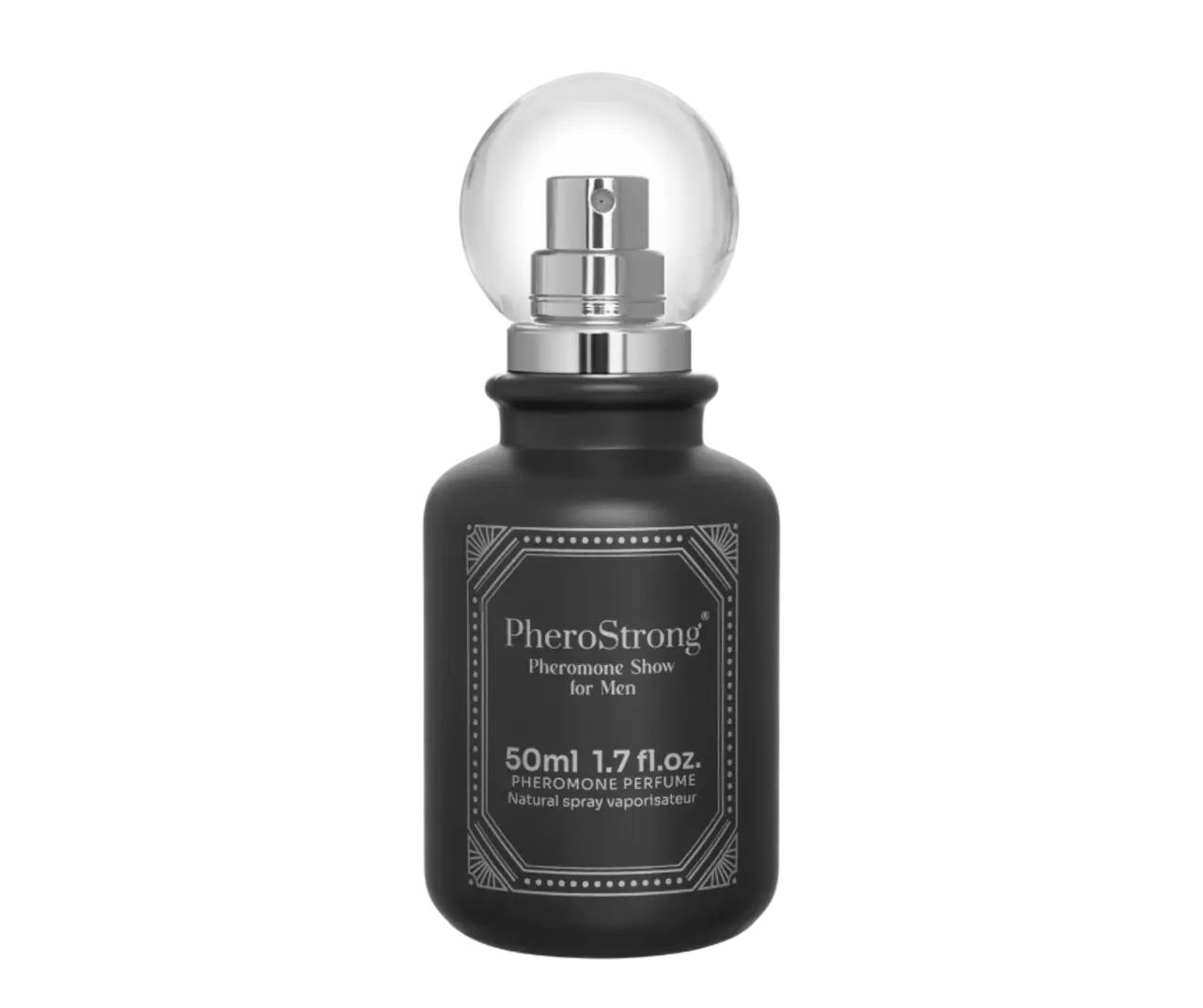 Schwarze Flasche mit Zerstäuber. Aufschrift: PheroStrong Pheromone Show for Men, 50ml 1.7 fl.oz. Natürliches Spray.