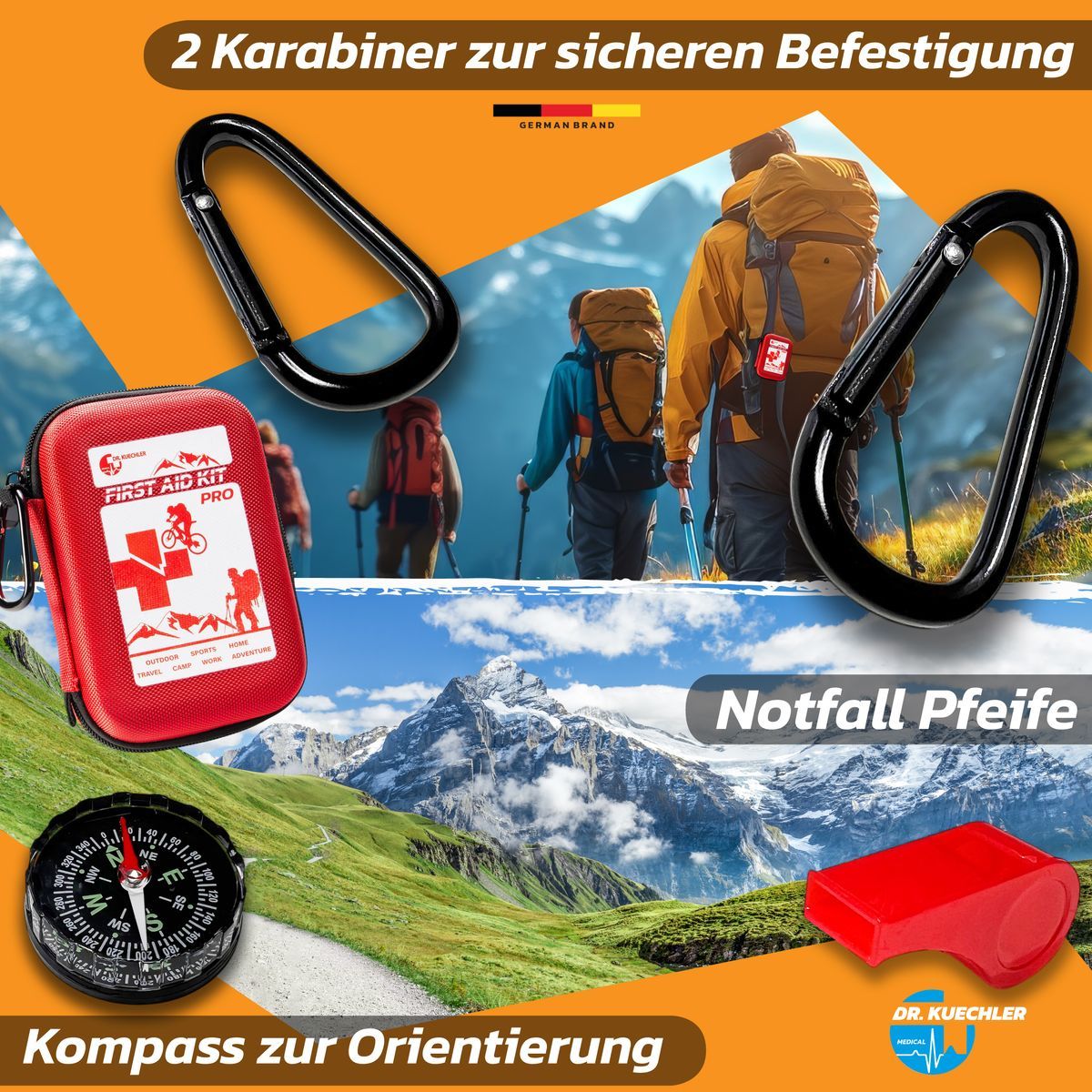 Erste-Hilfe-Set mit Kompass und Notfallpfeife. Zwei Karabiner zur Befestigung. Hintergrund: Berglandschaft.