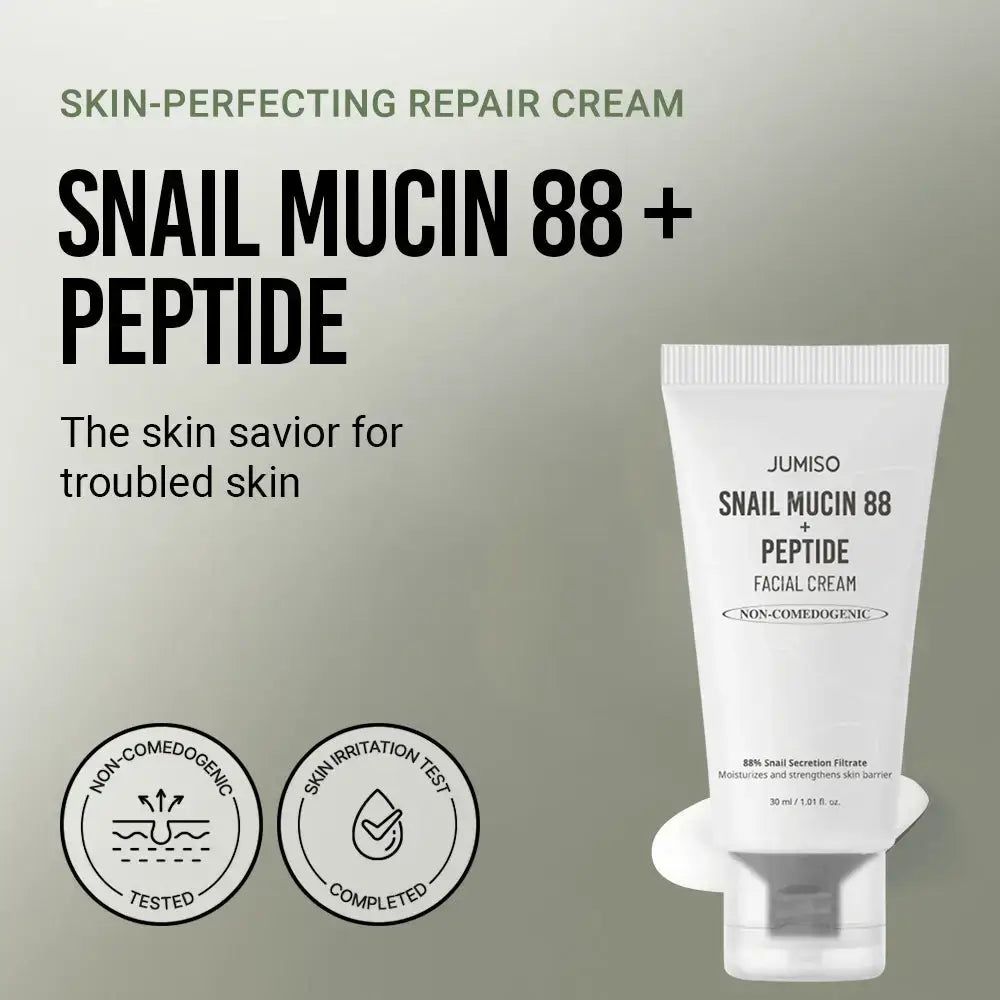 Weiße Tube mit Produktnamen und Logos. Text: JUMISO Schneckenschleim 88 + Peptidcreme. Zwei runde Logos: Nicht-komedogen und Hautirritationstest bestanden.