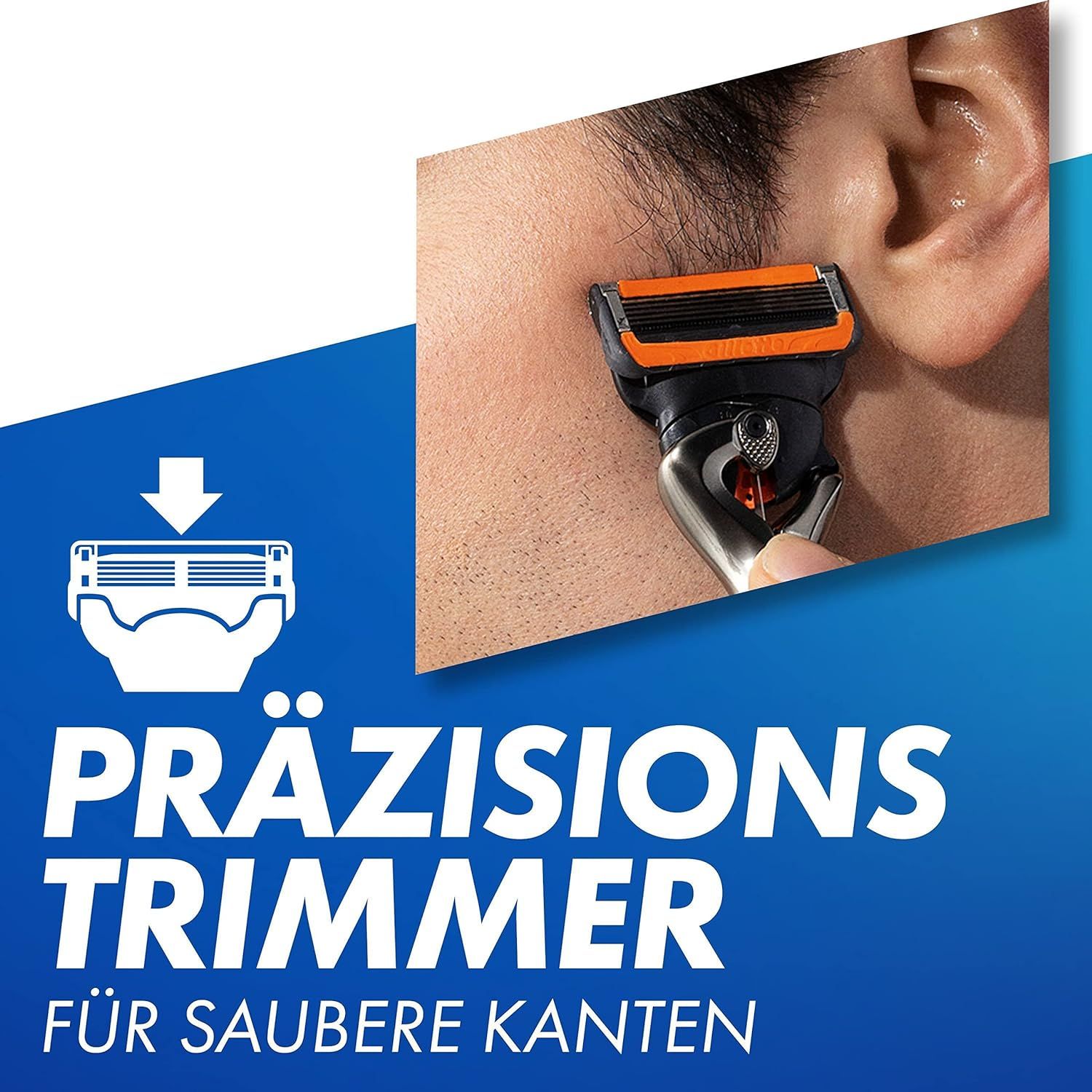 Gillette ProGlide Power Rasierer in Anwendung. Präzisionstrimmer für saubere Kanten. Rasierer mit orangefarbenem Klingenkopf.