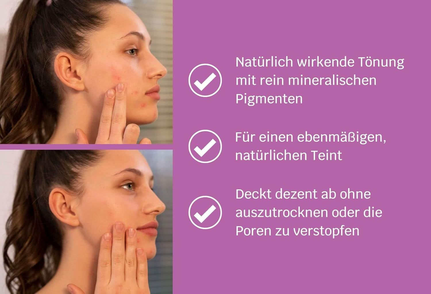 Zwei Bilder zeigen eine Frau, die Creme auf ihr Gesicht aufträgt. Text: Natürliche Tönung, ebenmäßiger Teint, deckt dezent ab.