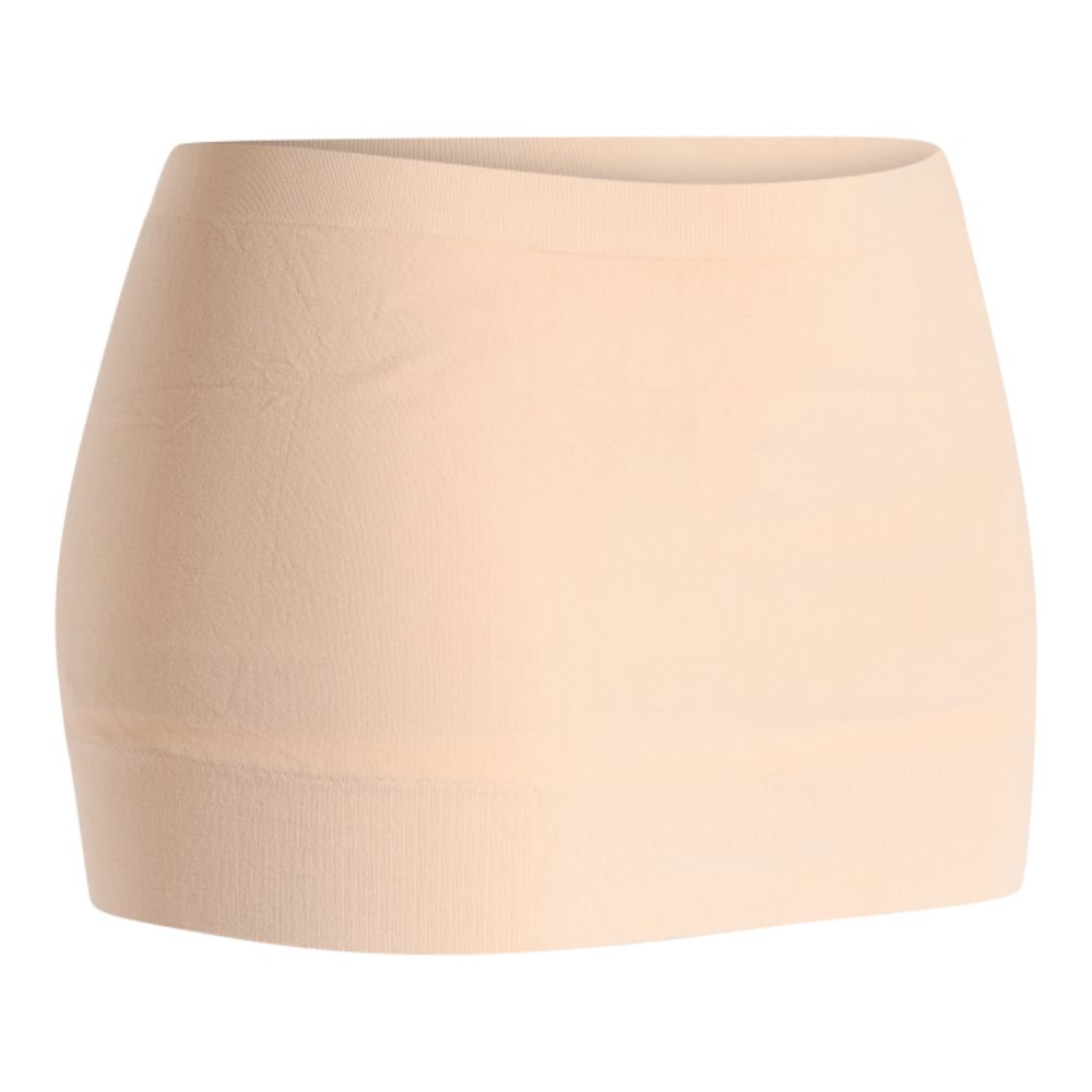 Beigefarbene Bauchbinde. Elastisches Material. Naht am unteren Rand. Kurze Form.