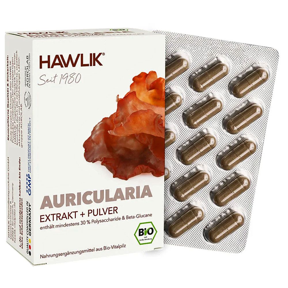 Kapseln in Blisterpackung neben Produktverpackung. Verpackung mit Logo und Produktbezeichnung: Auricularia Extrakt + Pulver. Bio-Siegel.