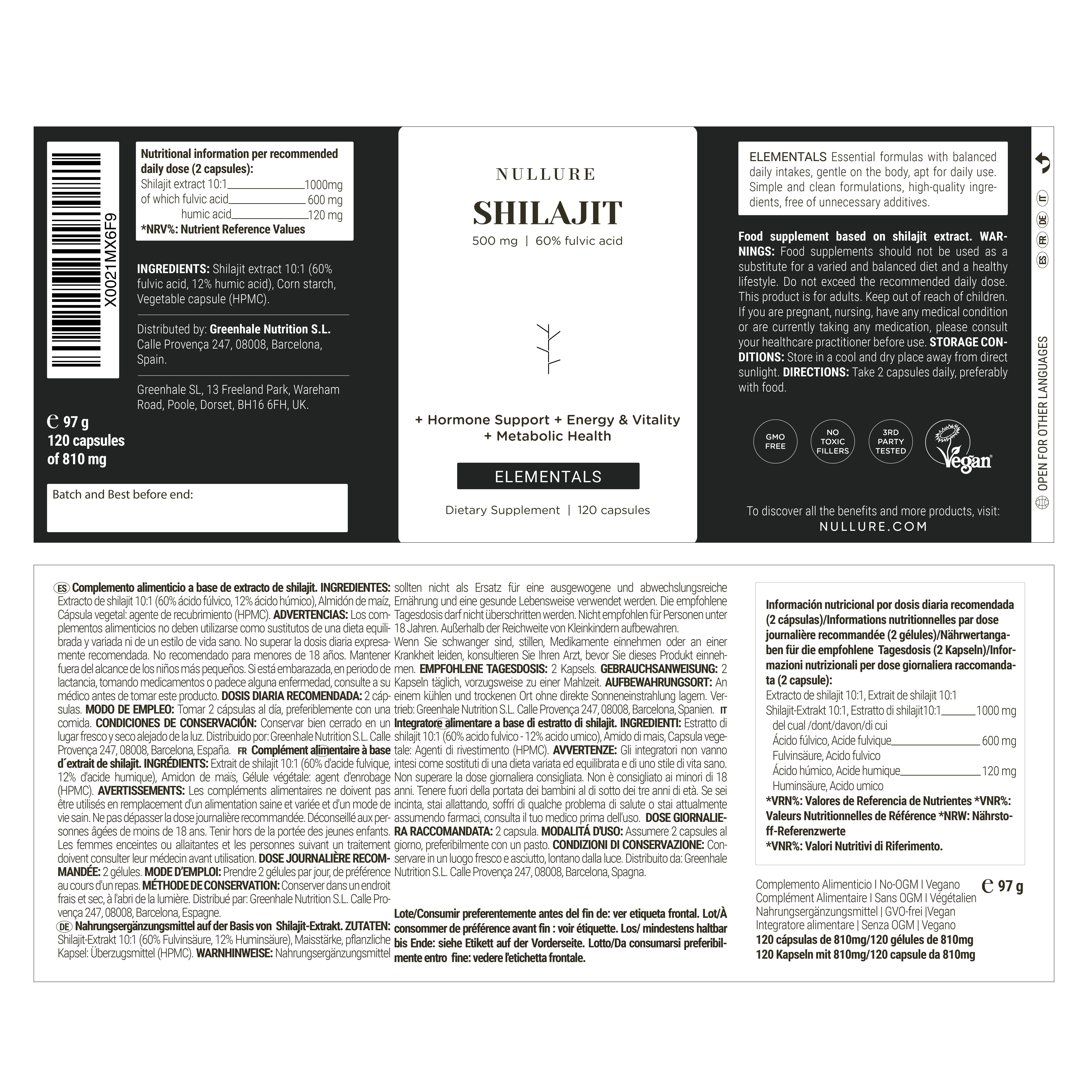 Verpackung mit Informationen. Aufschrift: NULLURE SHILAJIT 500mg. 60% fulvic acid. 120 Kapseln. Text: Inhaltsstoffe, Anwendung.