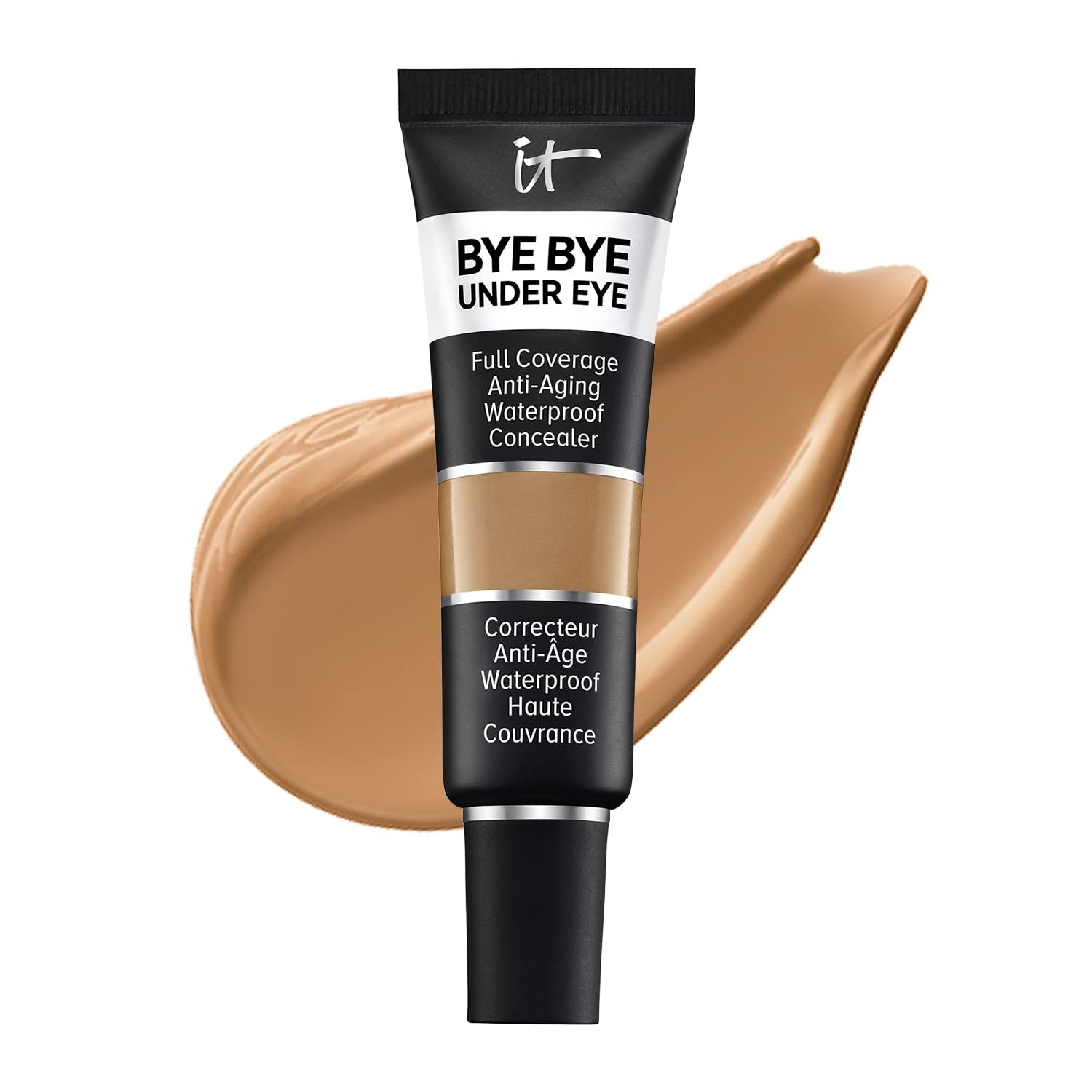 Concealer-Tube mit Produkt-Swash. Text: IT, BYE BYE UNDER EYE, Full Coverage, Anti-Aging, Waterproof Concealer. Farbton: Tan Natural.