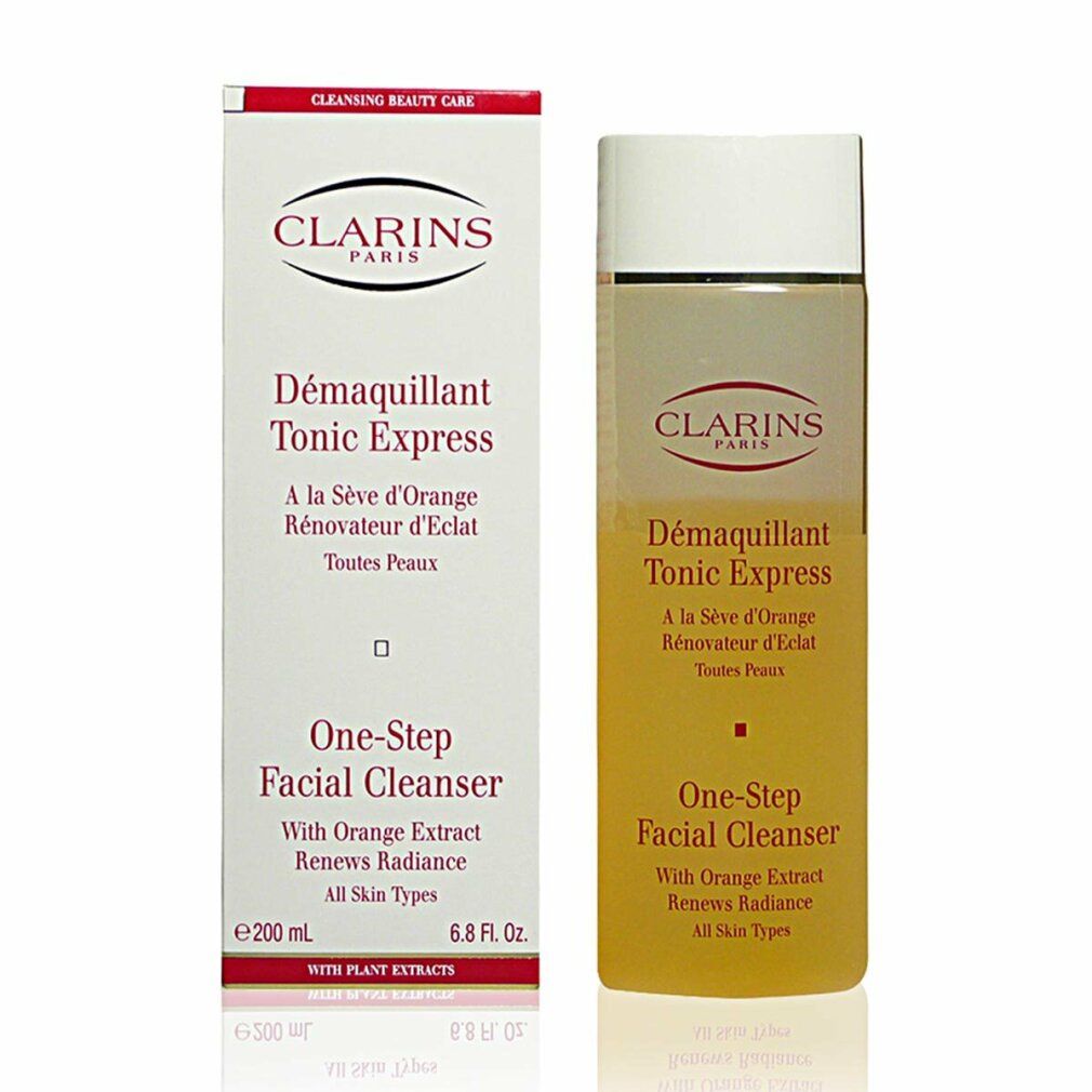 Clarins One-Step Facial Cleanser. Produkt und Verpackung. Aufschrift: Clarins Paris, Tonic Express, One-Step Facial Cleanser.