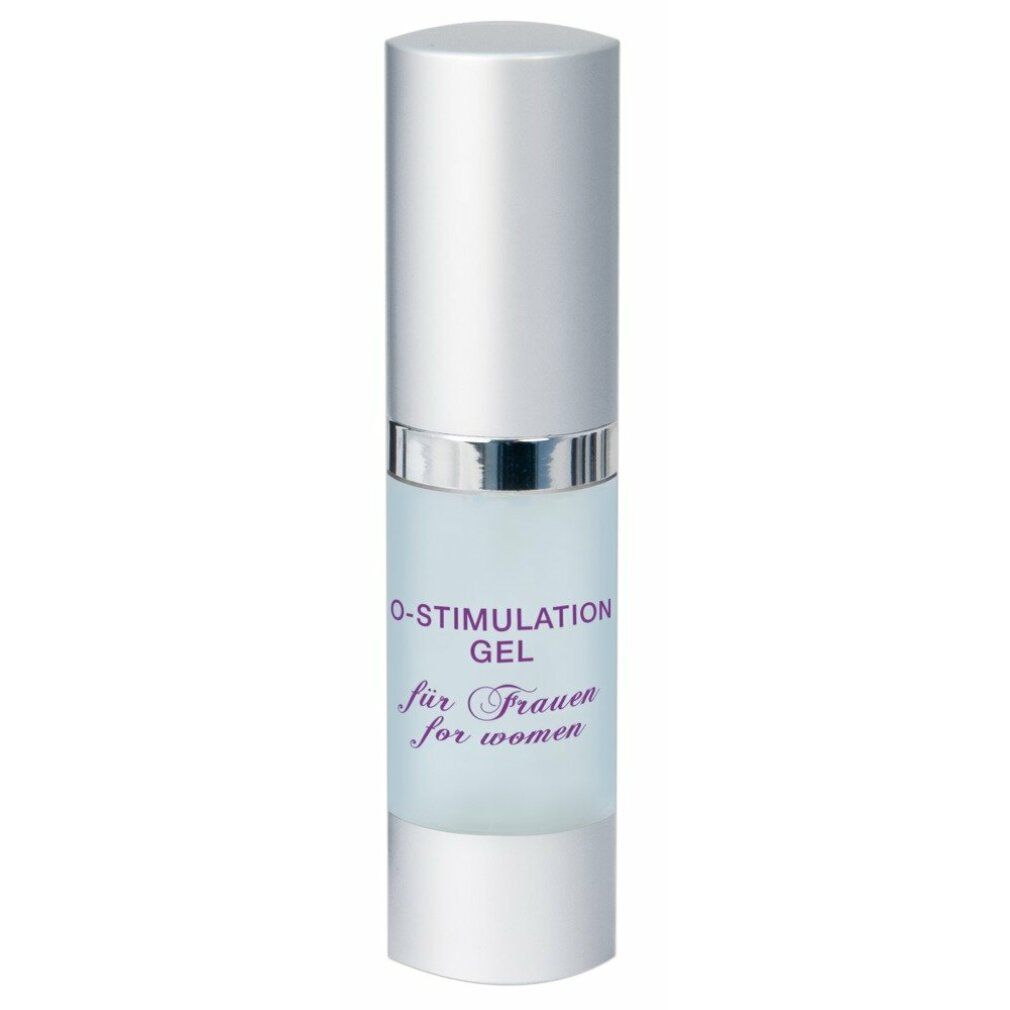 Zylindrische Flasche mit silbernem Deckel und Aufschrift O-STIMULATION GEL für Frauen. Klarer Inhalt sichtbar.