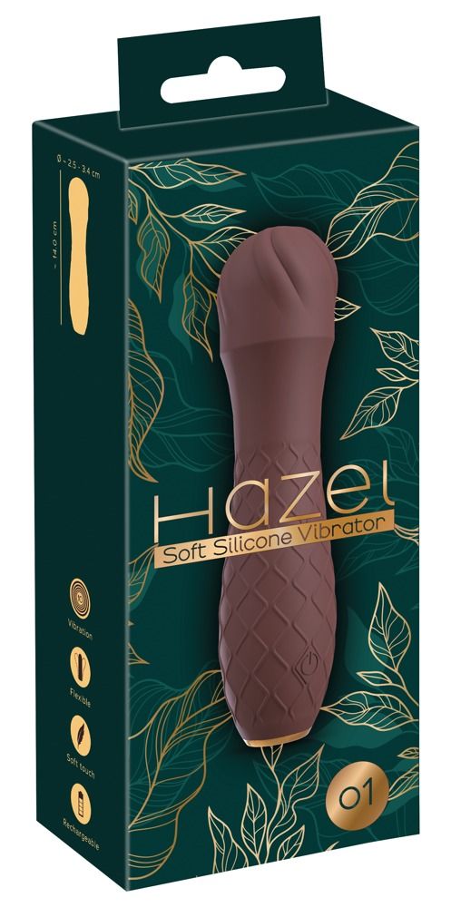 Vibrator in Verpackung. Aufschrift 'HAZEL Soft Silicone Vibrator'. Abbildung des Produkts.