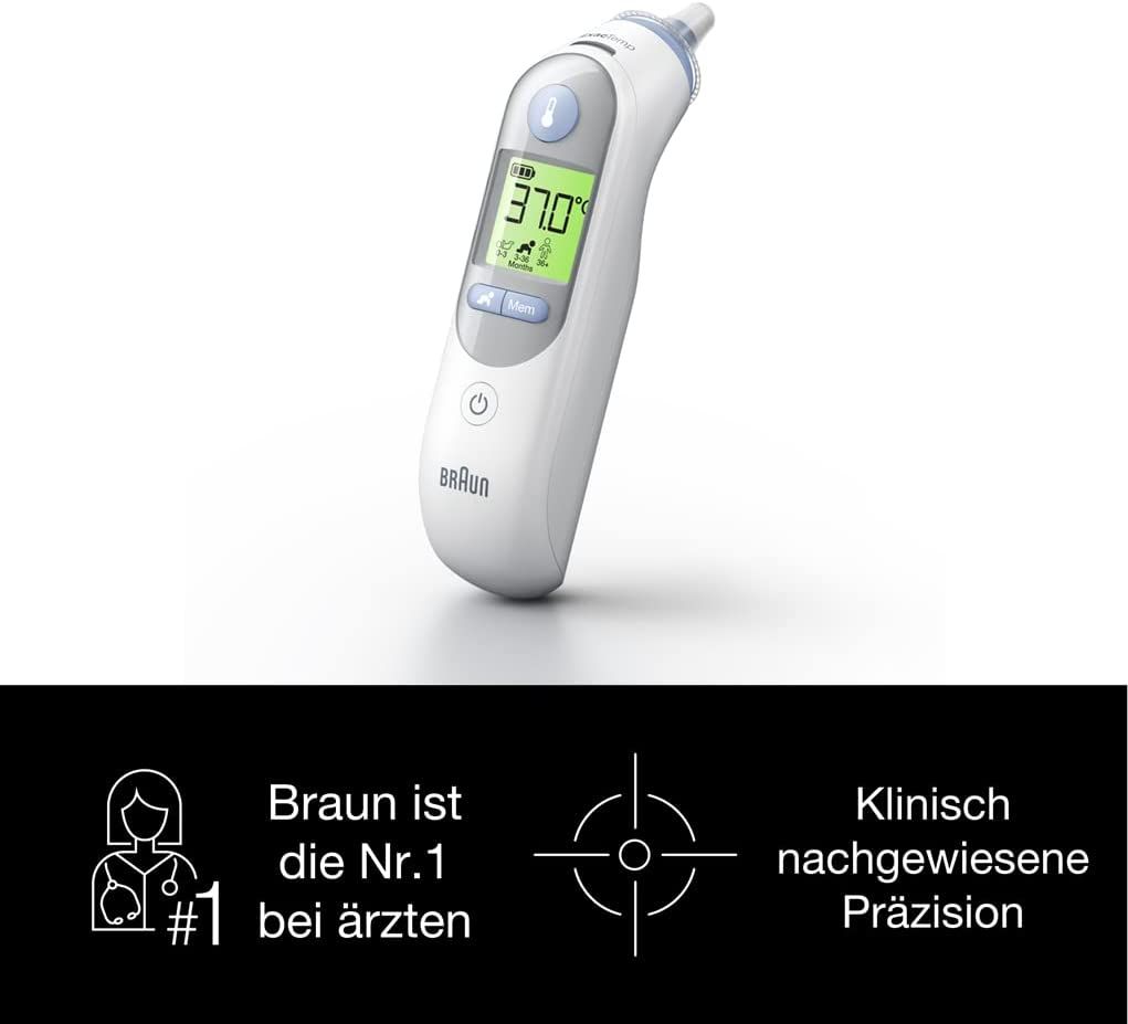 Ohrthermometer Braun mit Display. Anzeige: 37,0 Grad. Unterhalb: Text "Braun ist die Nr.1 bei Ärzten" und "Klinisch nachgewiesene Präzision".