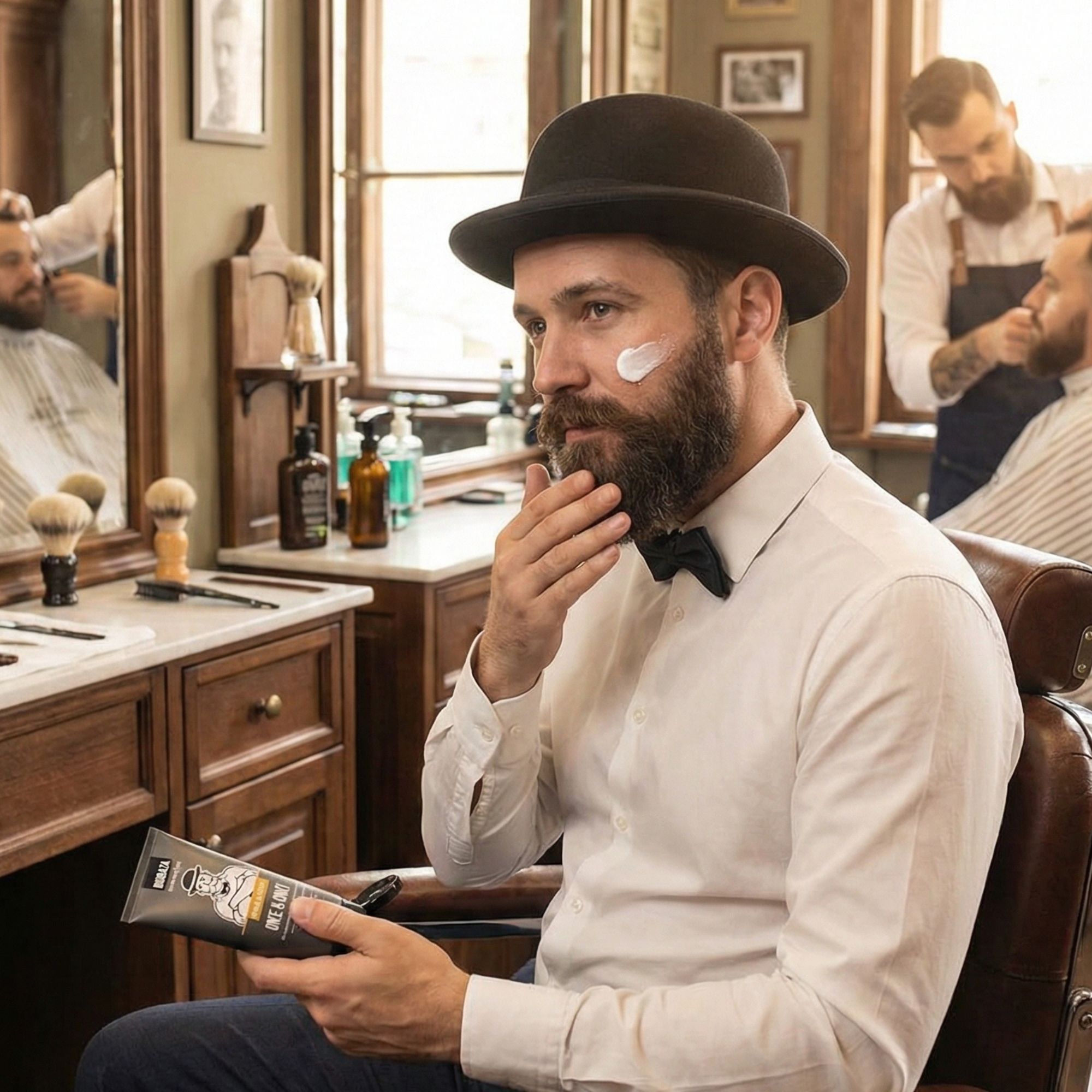 Mann trägt Hut, trägt Creme im Bart. Hält schwarze Tube mit Produktaufdruck. Aufdruck: Biobaza, Gentleman-Illustration, One & Only.