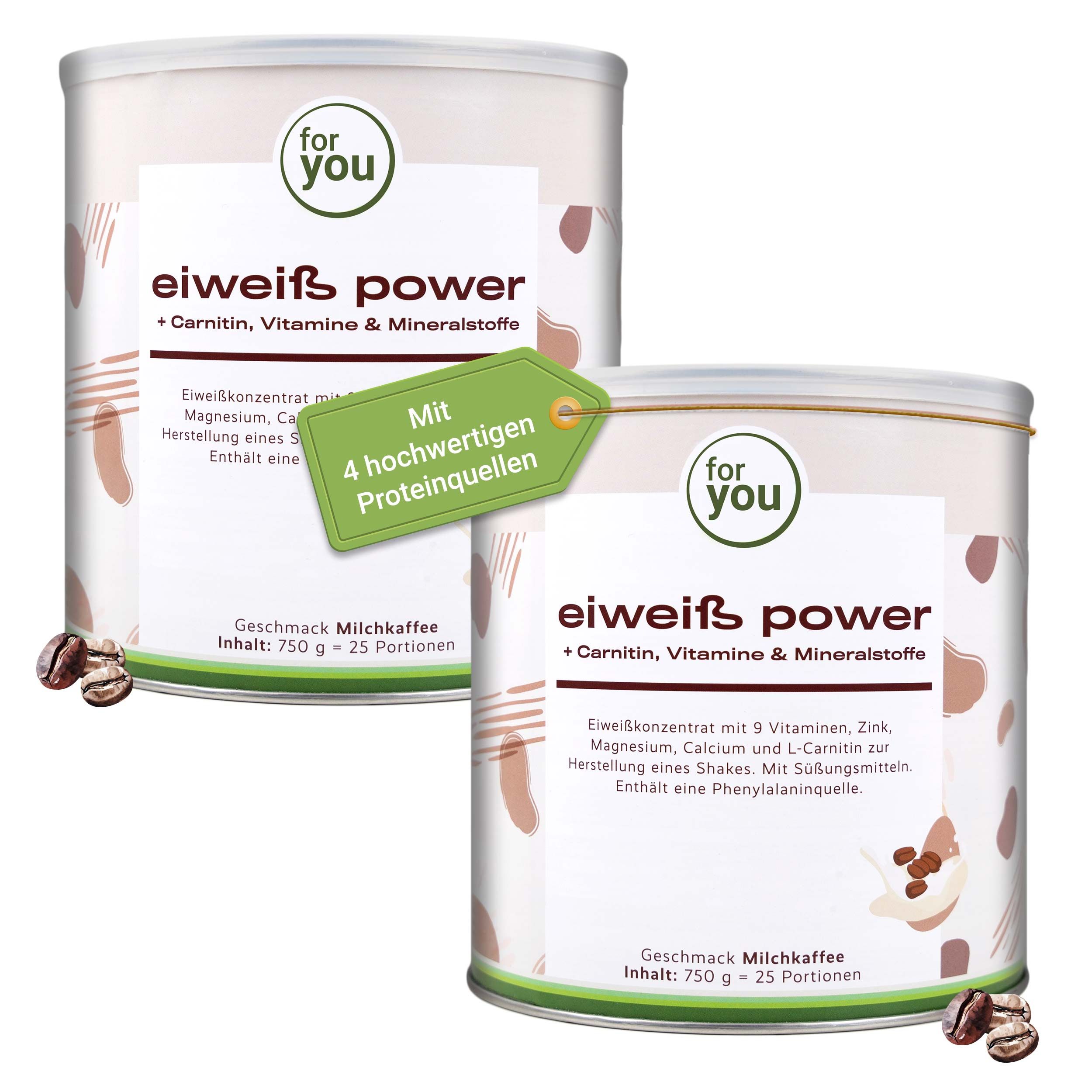 Zwei Dosen Eiweiß Power Milchkaffee, eine mit einem grünen Anhänger 'Mit 4 hochwertigen Protein Quellen'.