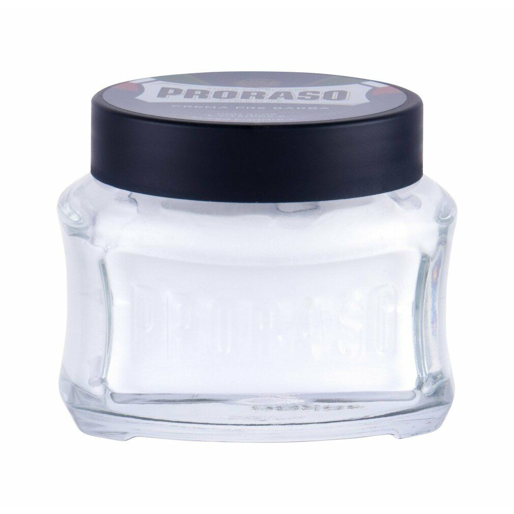 Glasbehälter mit schwarzem Deckel. Auf dem Deckel steht "Proraso". Der Behälter ist mit weißer Creme gefüllt.