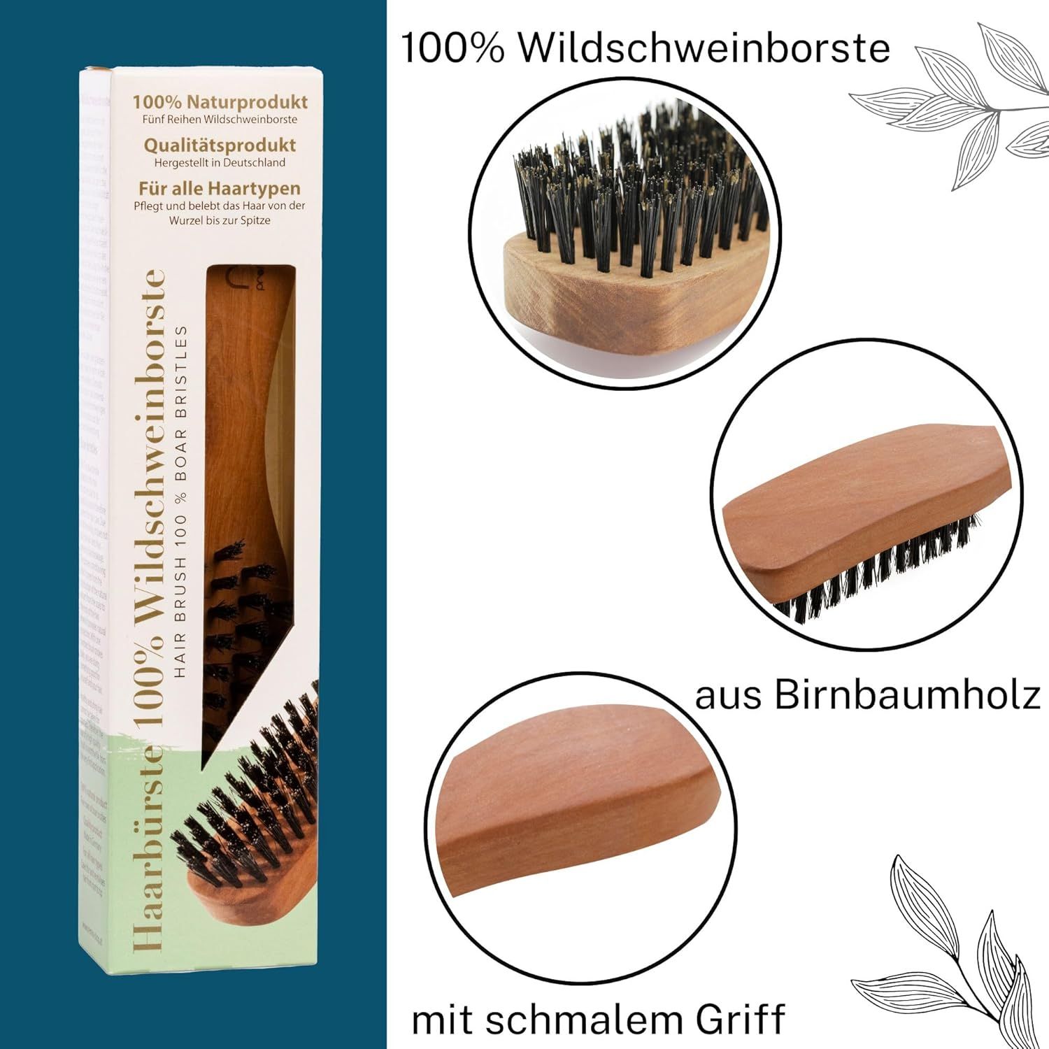 REMOS Haarbürste mit Wildschweinborsten, schmal