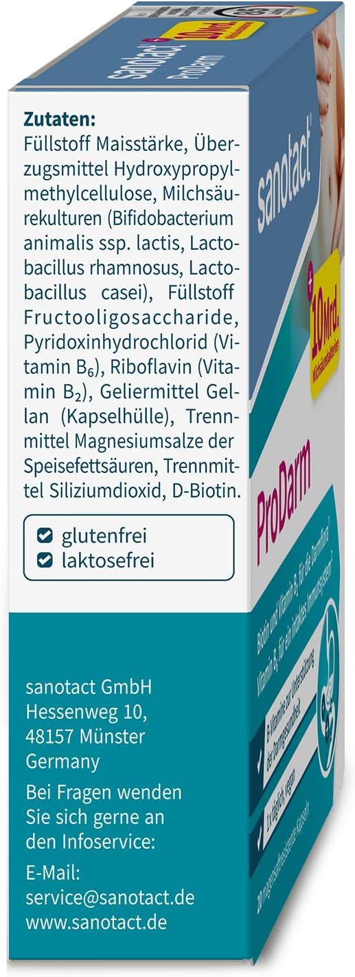 Seite der Sanotact ProDarm Packung. Enthält Zutatenliste, Kontaktinformationen des Herstellers und Angaben zur Gluten- und Laktosefreiheit.